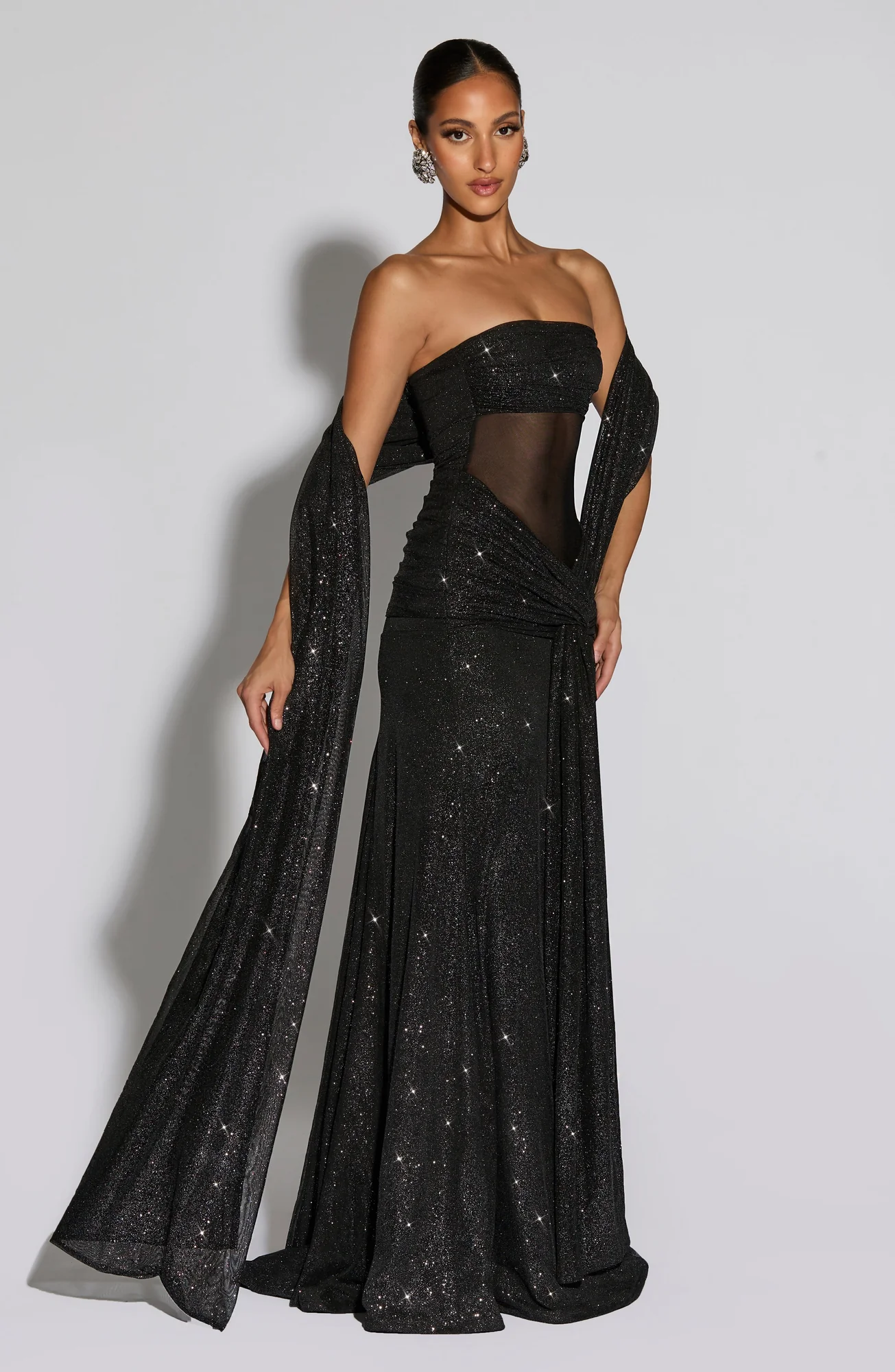 Black Sparkle Maxi Dress with Ruched Knot Detail