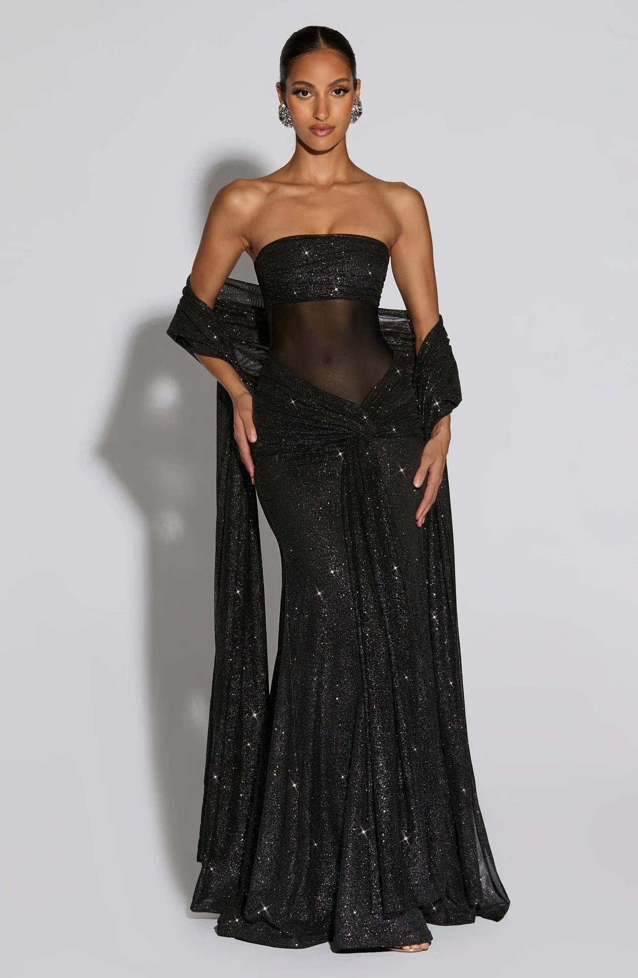 Black Sparkle Maxi Dress with Ruched Knot Detail
