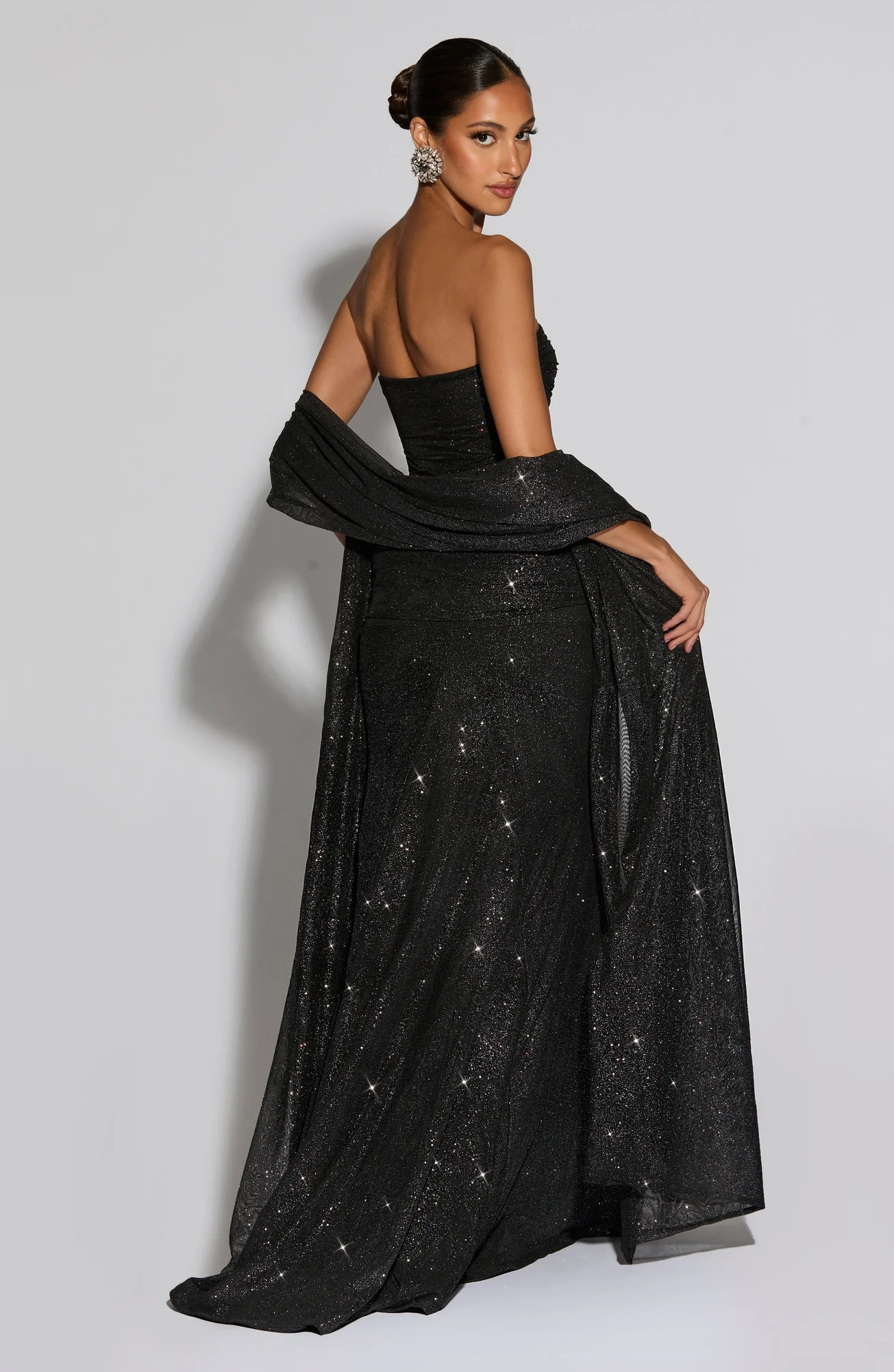 Black Sparkle Maxi Dress with Ruched Knot Detail