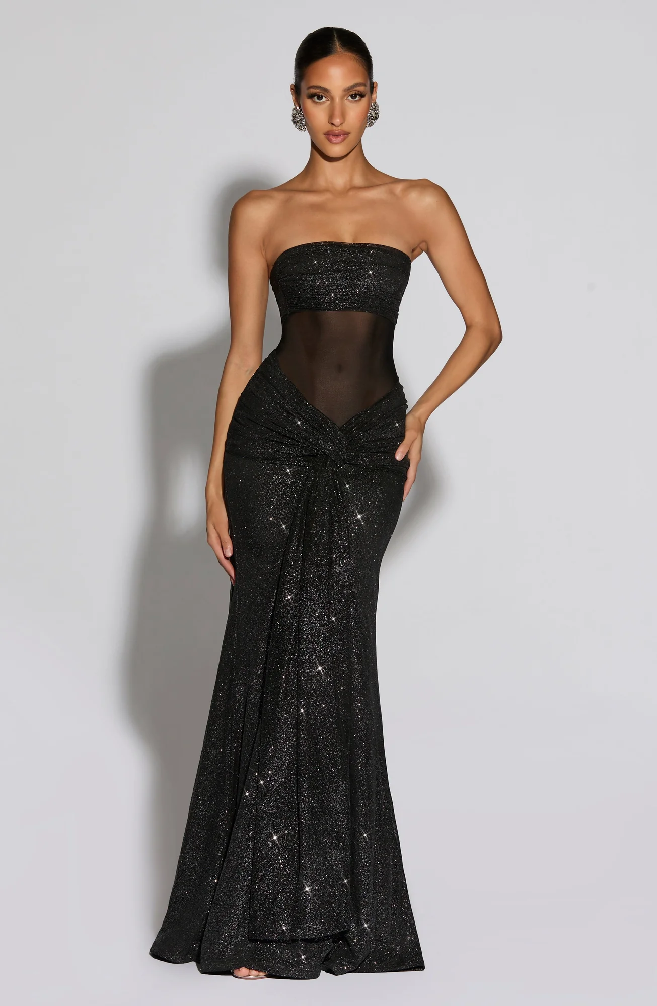 Black Sparkle Maxi Dress with Ruched Knot Detail