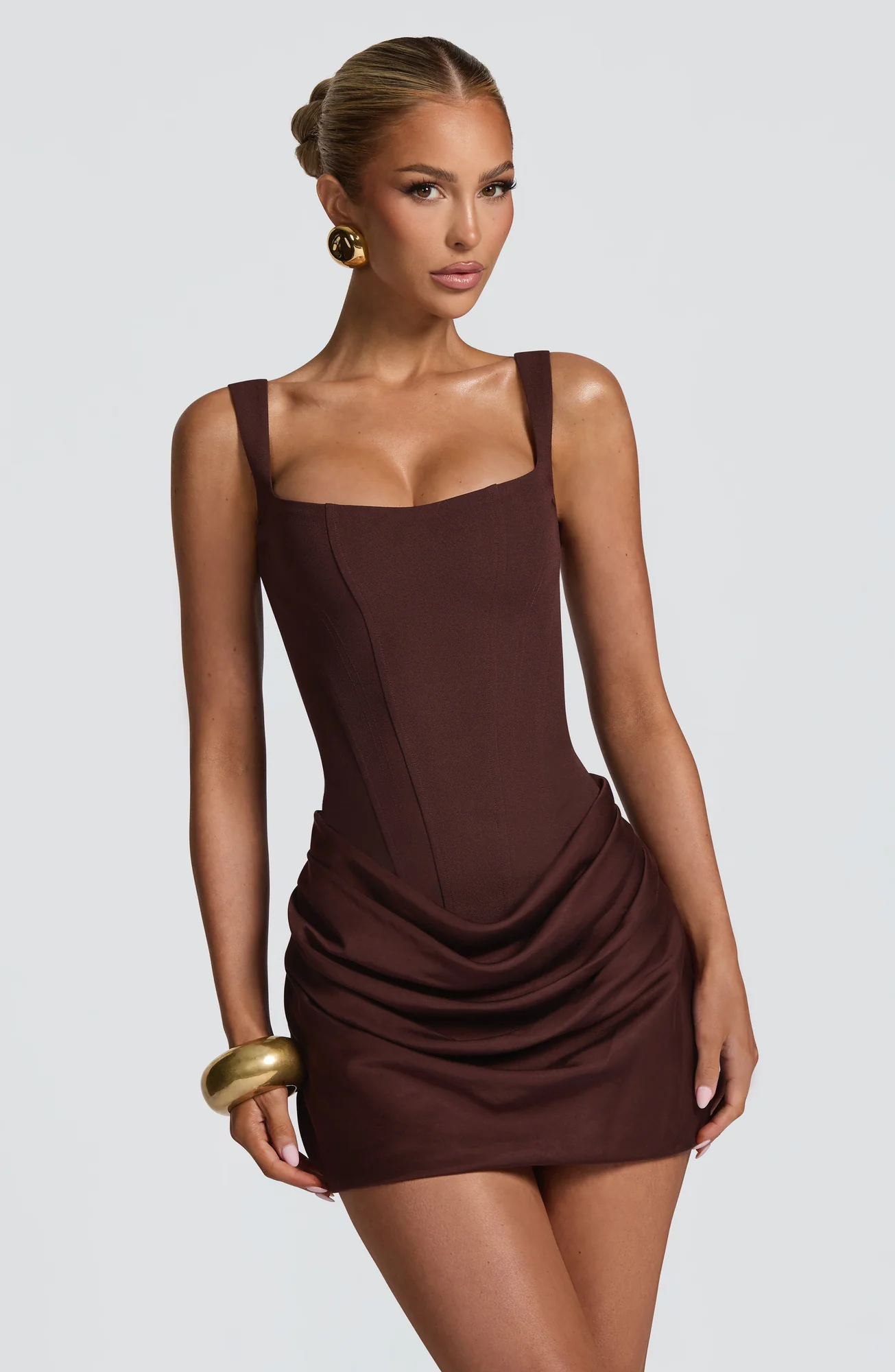 Plum Brown Crepe & Satin Cowl Mini Dress