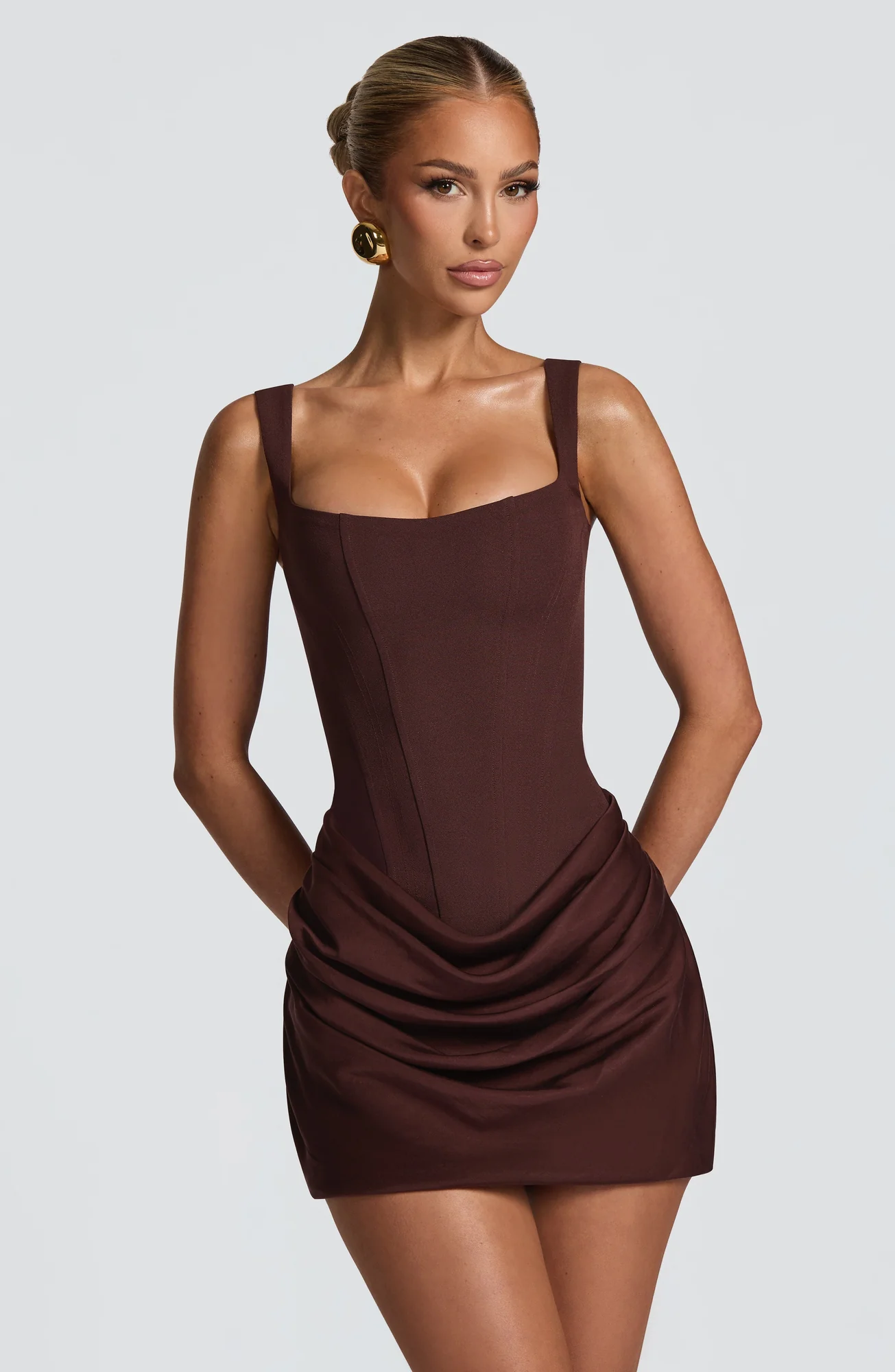 Plum Brown Crepe & Satin Cowl Mini Dress