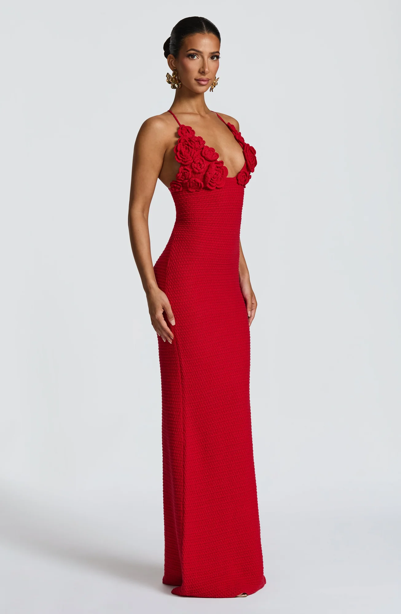 Red Crochet Appliqué Maxi Dress - Elegant Column Silhouette