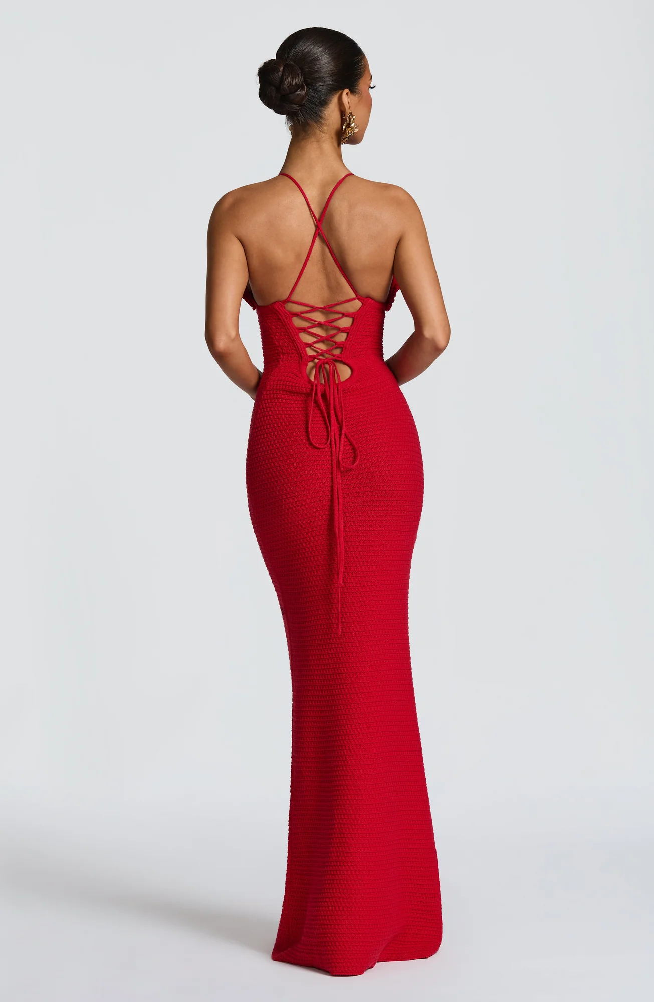 Red Crochet Appliqué Maxi Dress - Elegant Column Silhouette