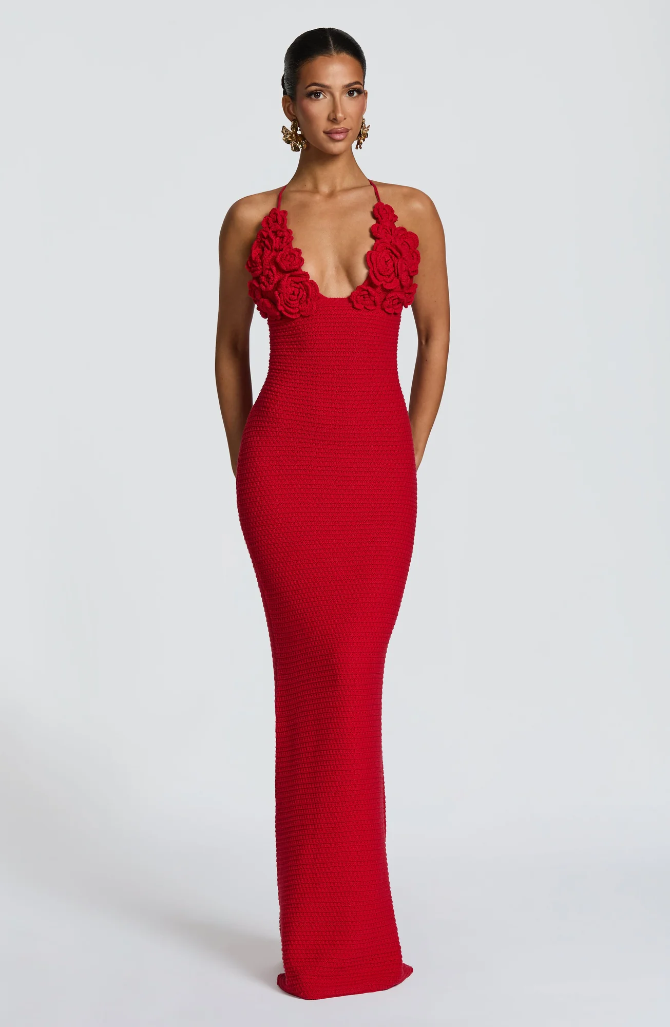 Red Crochet Appliqué Maxi Dress - Elegant Column Silhouette