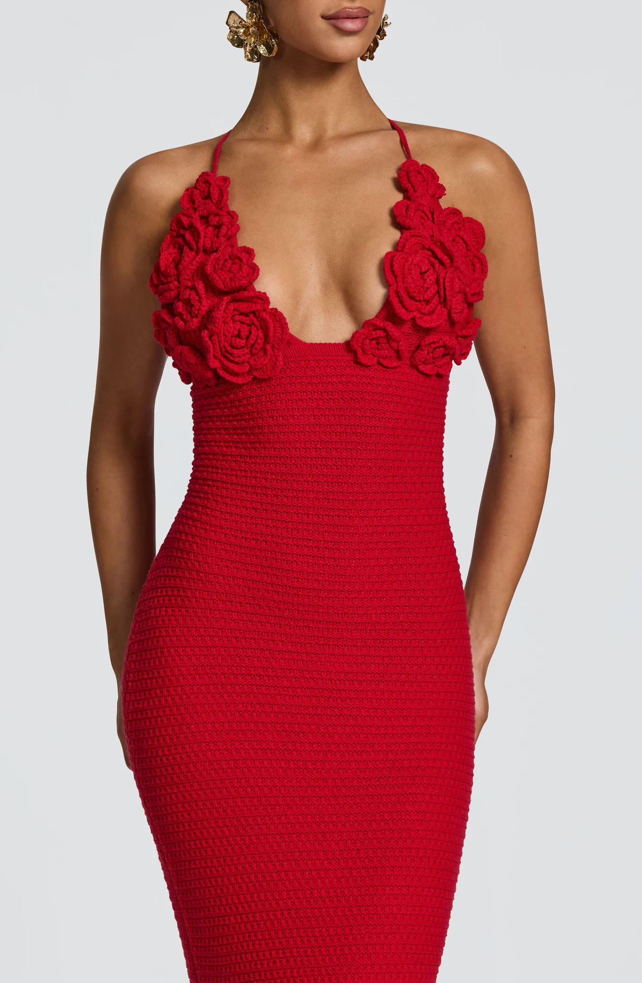 Red Crochet Appliqué Maxi Dress - Elegant Column Silhouette