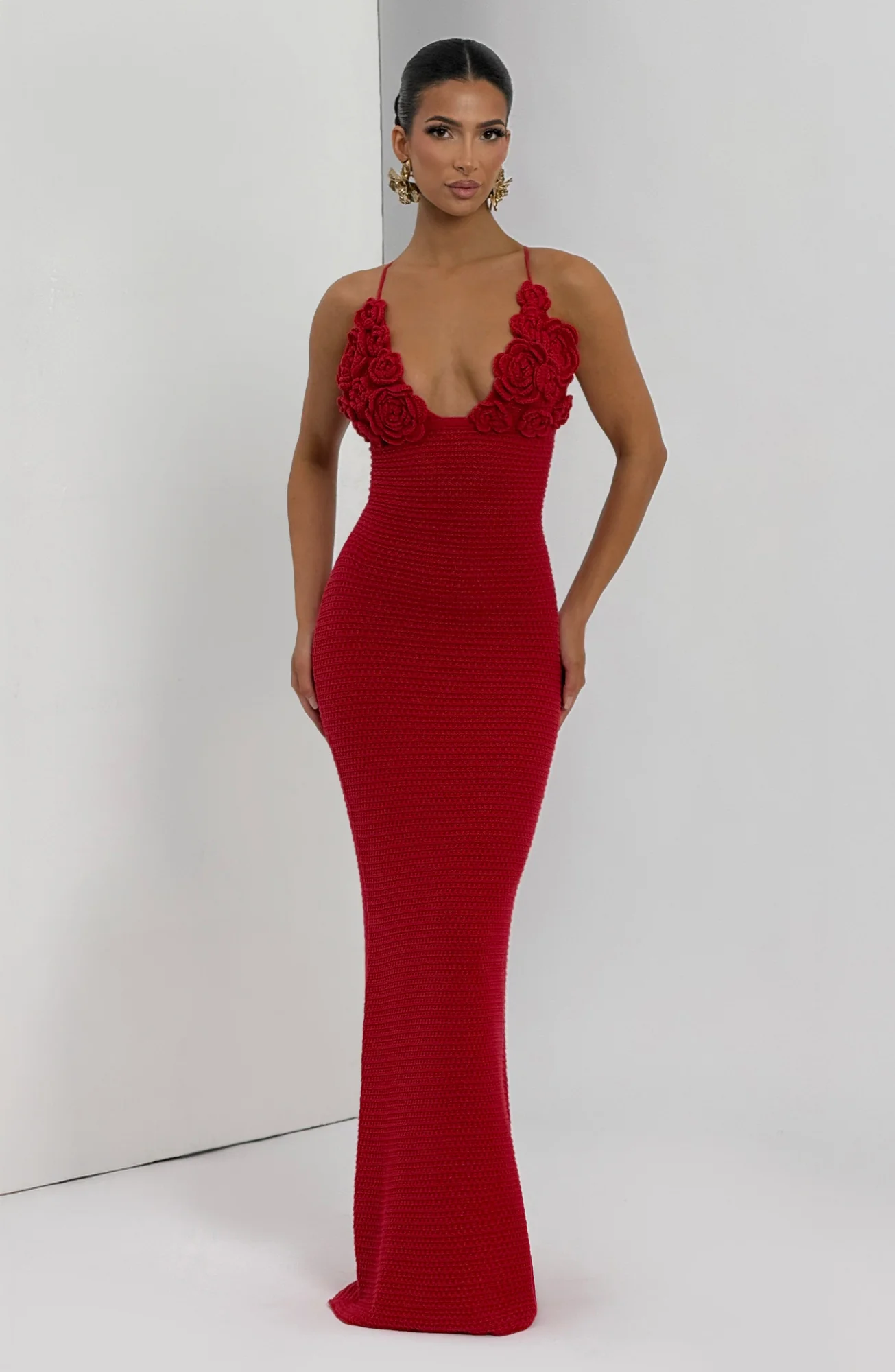 Red Crochet Appliqué Maxi Dress - Elegant Column Silhouette