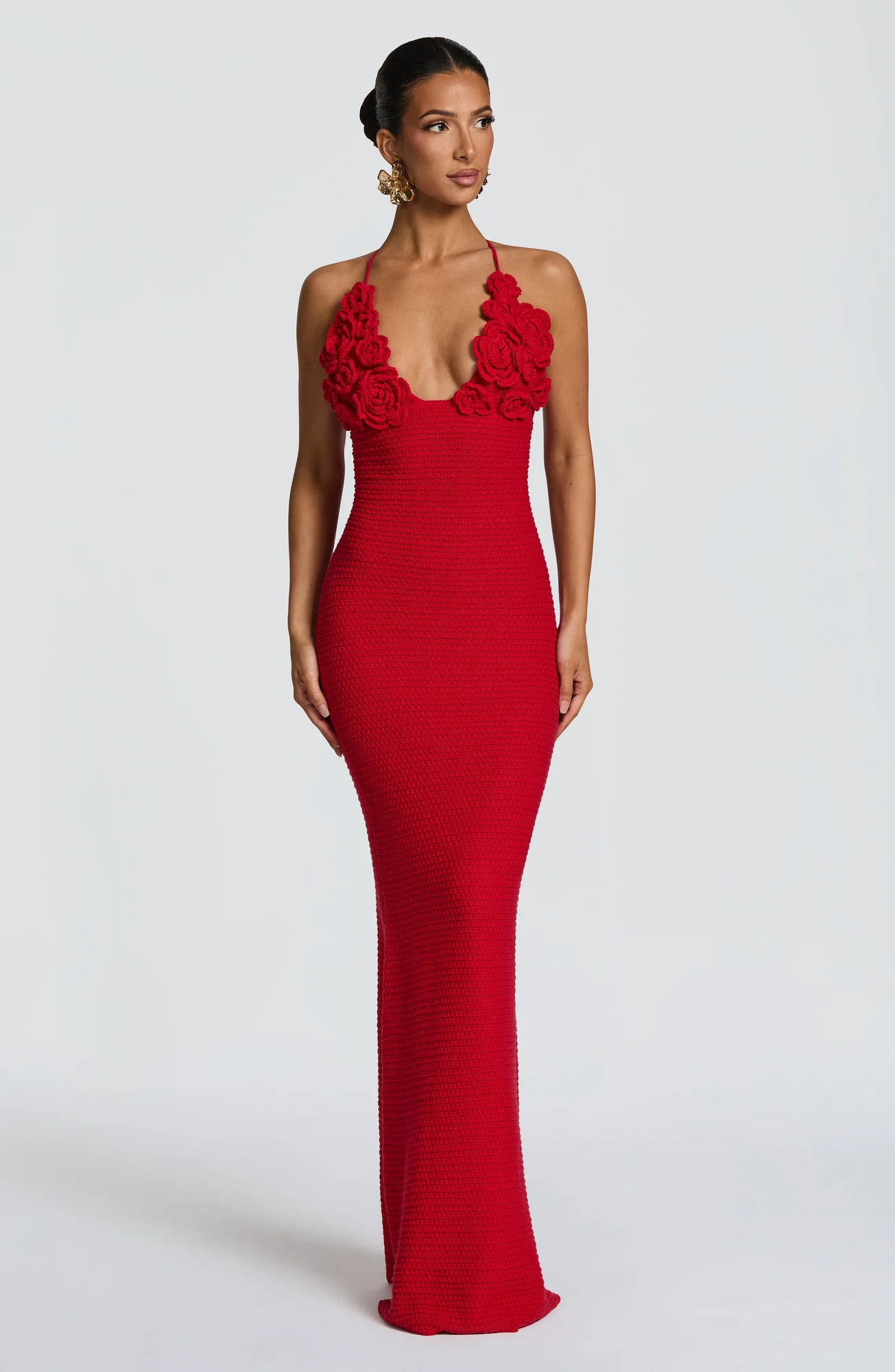 Red Crochet Appliqué Maxi Dress - Elegant Column Silhouette