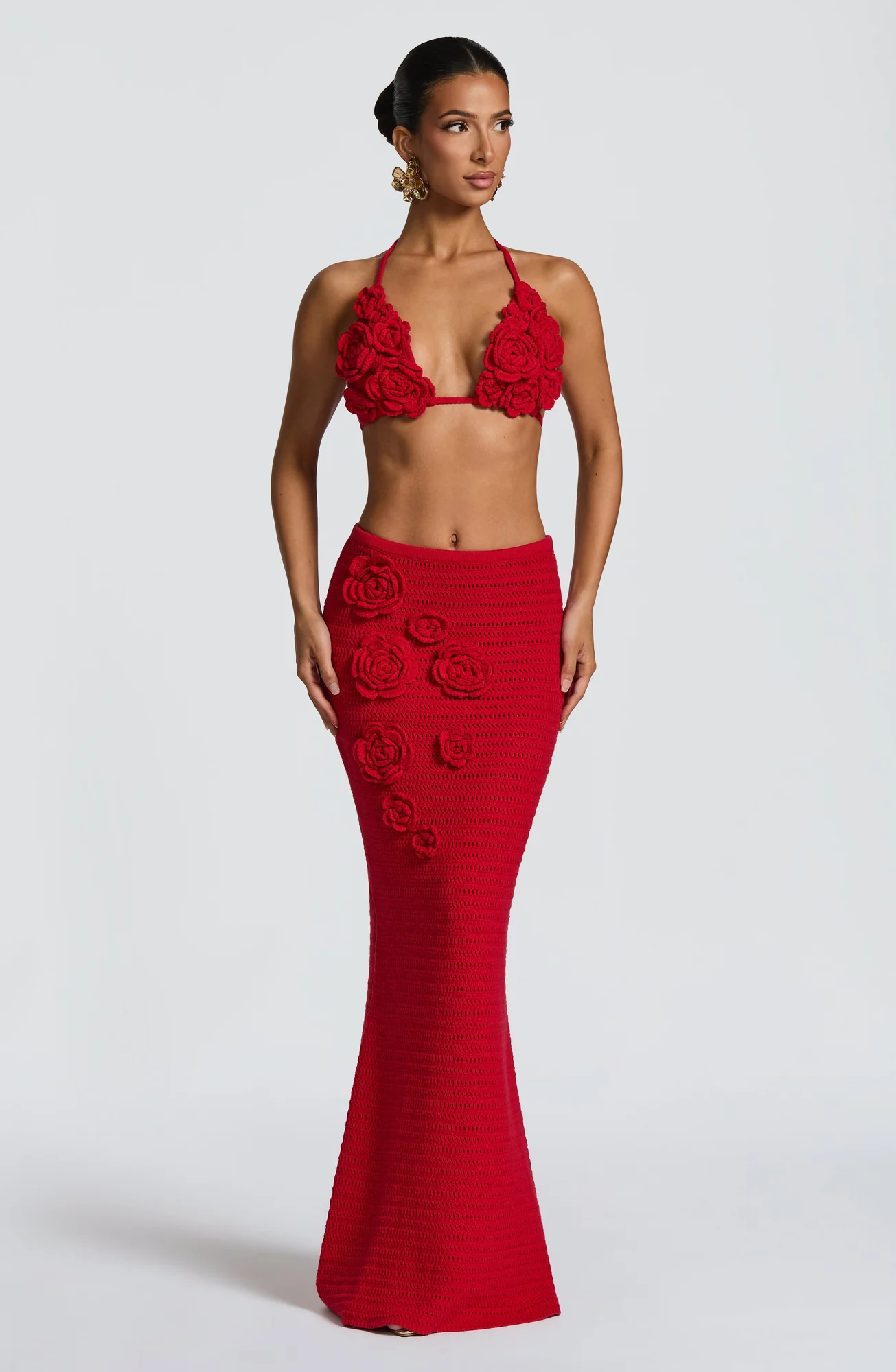 Red Crochet Floral Maxi Skirt - Elegant Womens Fashion