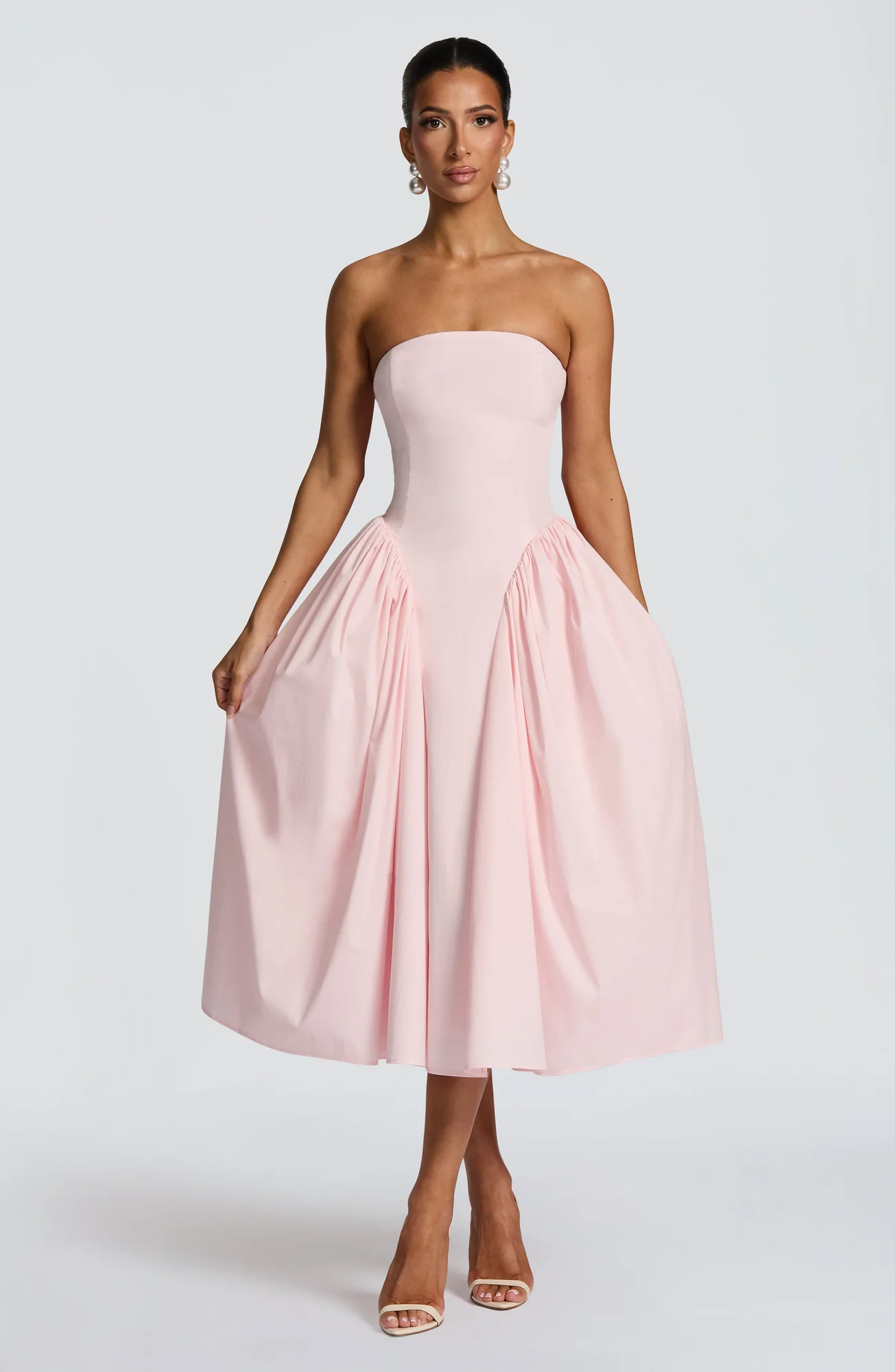 Blush Strapless Midi Dress with Corseted Back - Elegant Design