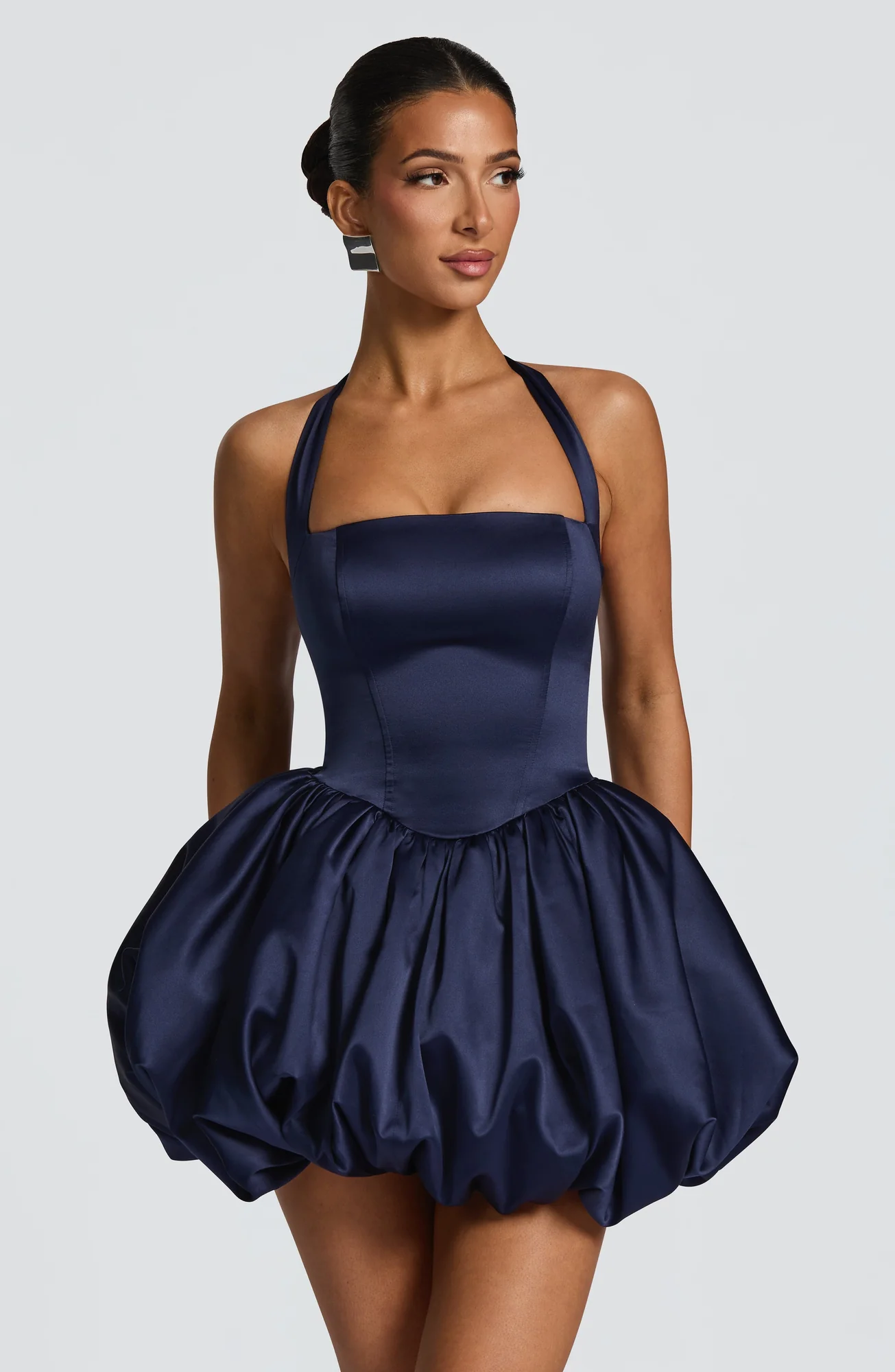 Navy Satin Halter Neck Mini Dress with Puffball Skirt