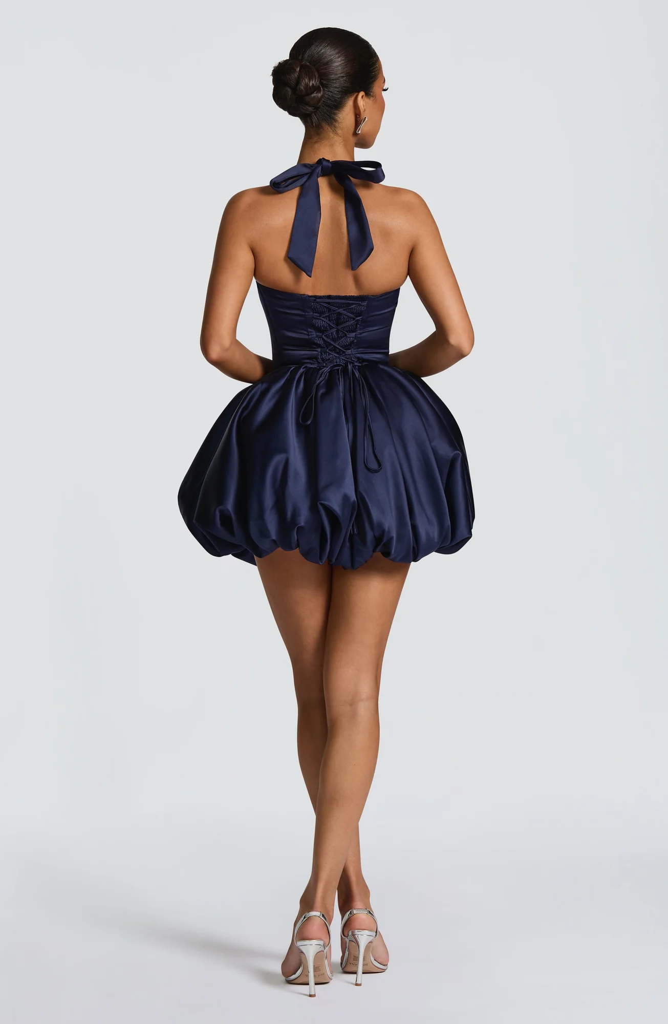 Navy Satin Halter Neck Mini Dress with Puffball Skirt