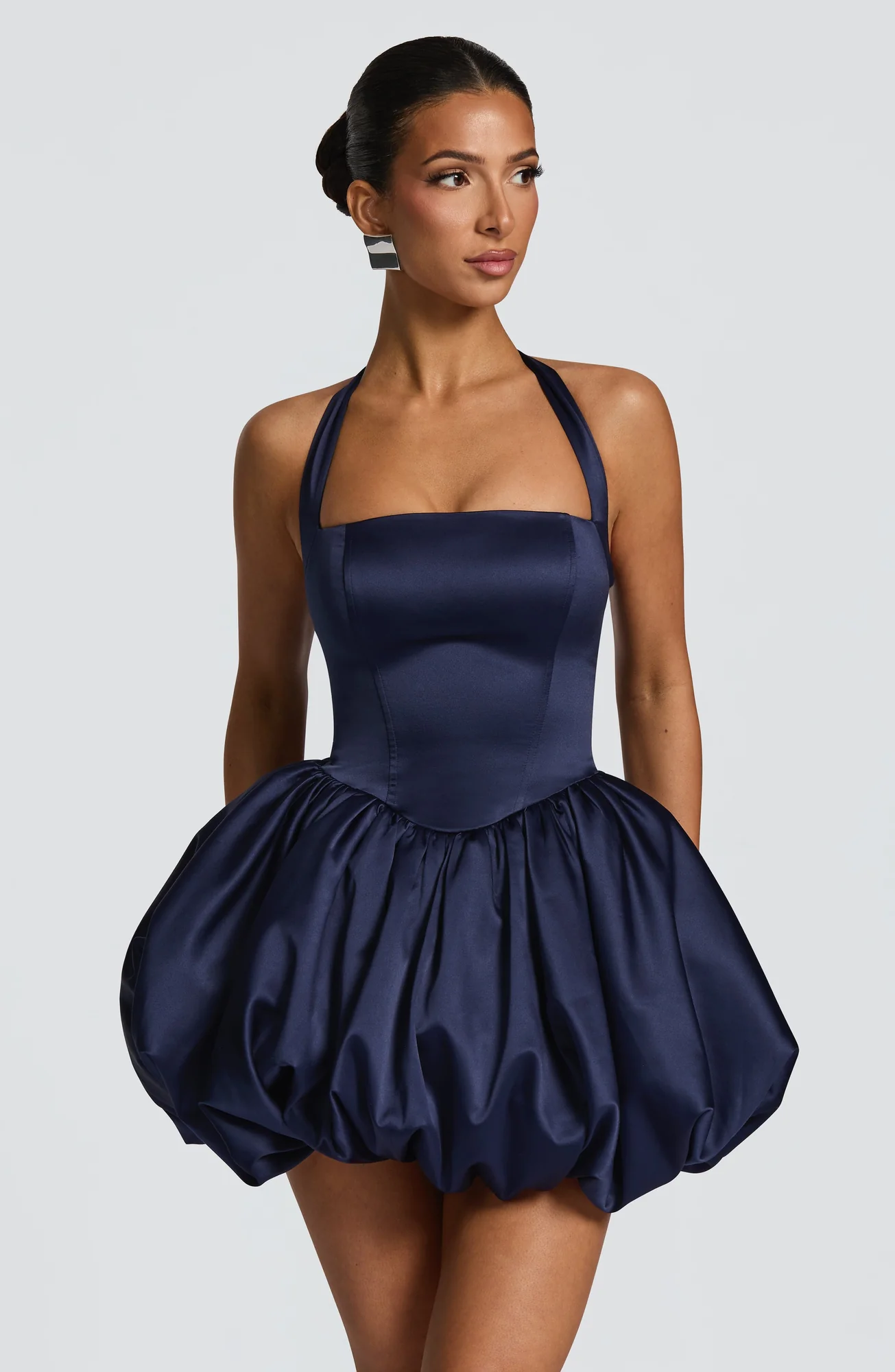 Navy Satin Halter Neck Mini Dress with Puffball Skirt