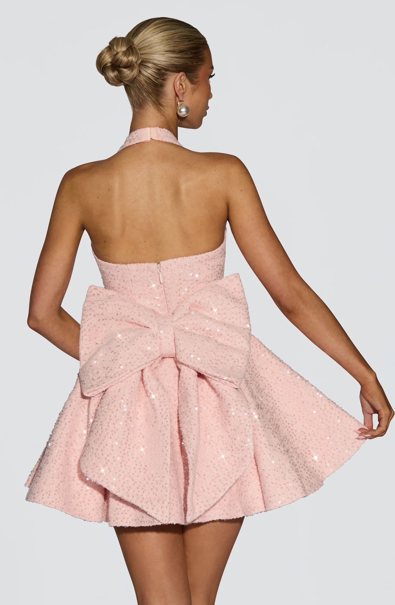 Blush Sequin Tweed Mini Dress with Detachable Bow - Elegant Style