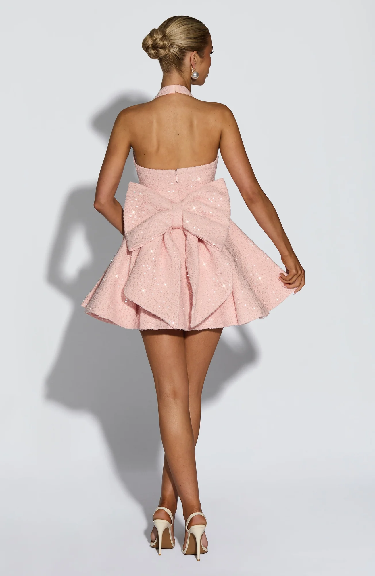 Blush Sequin Tweed Mini Dress with Detachable Bow - Elegant Style