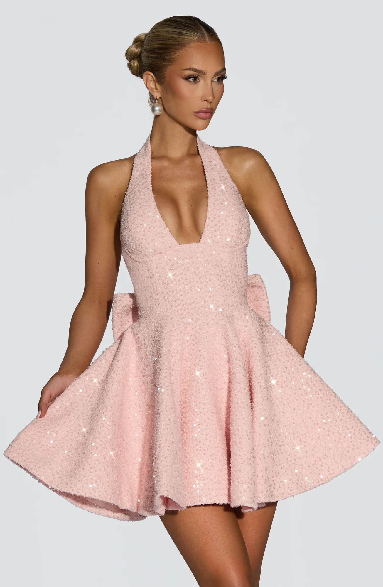 Blush Sequin Tweed Mini Dress with Detachable Bow - Elegant Style
