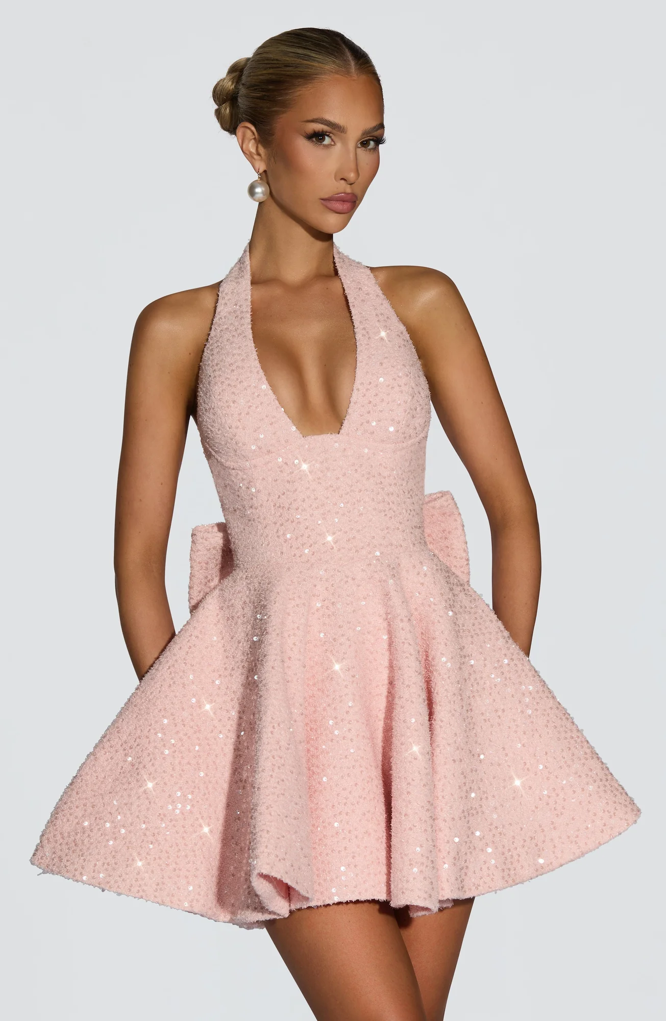 Blush Sequin Tweed Mini Dress with Detachable Bow - Elegant Style