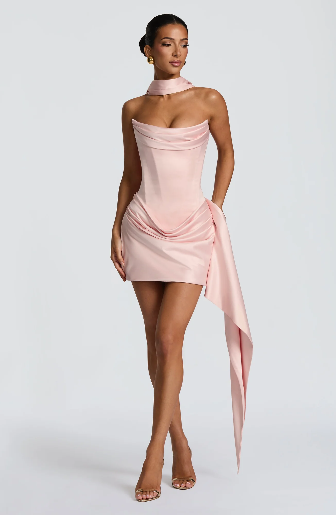 Blush Stretch Satin Mini Dress with Draped Panel and Lace-Up Back