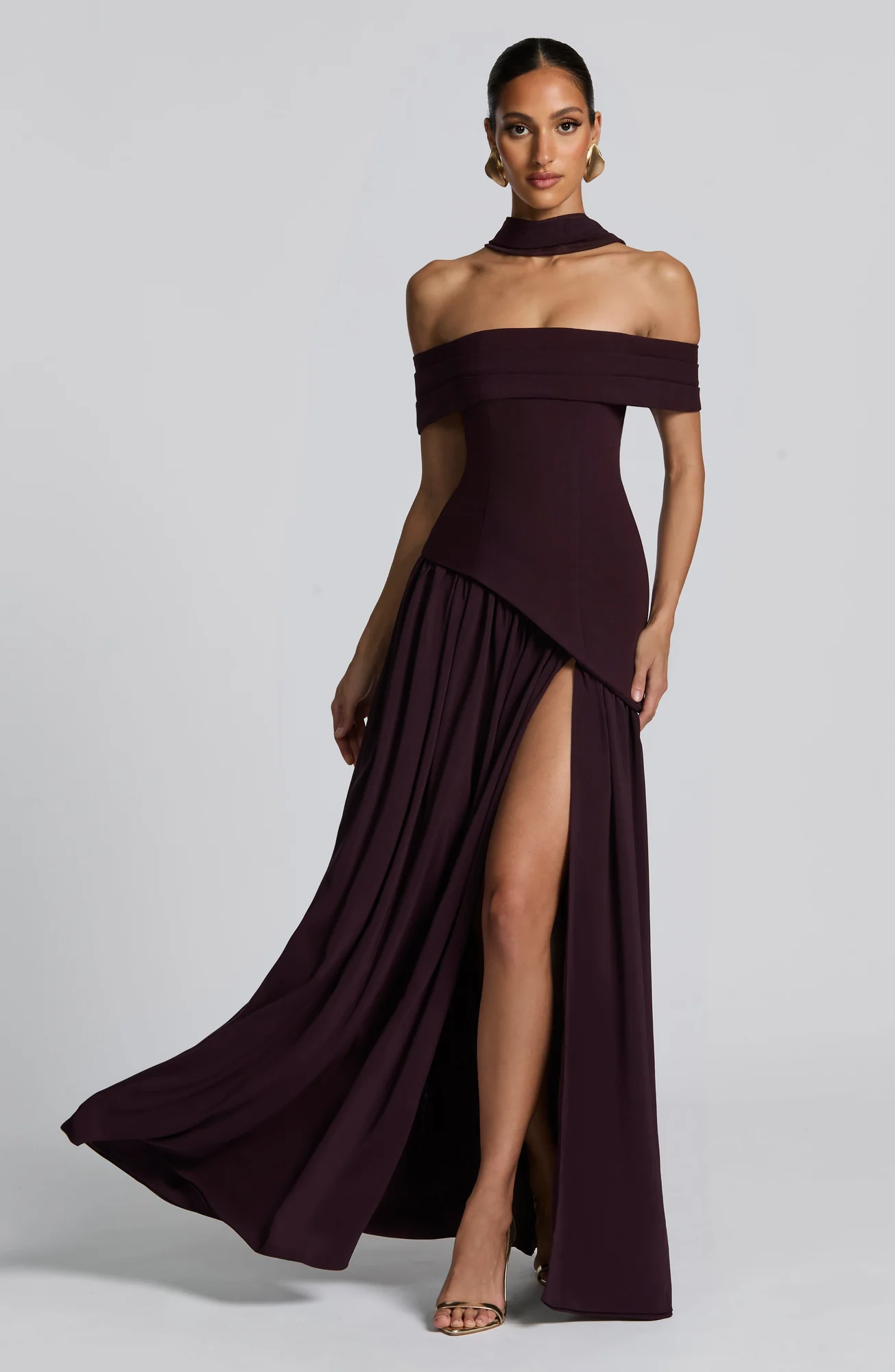 Plum Bardot Maxi Dress with Chiffon Skirt