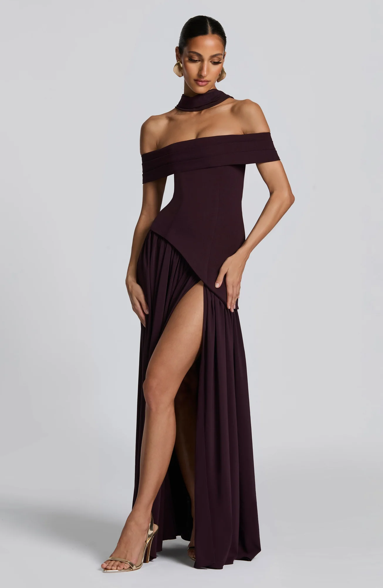 Plum Bardot Maxi Dress with Chiffon Skirt