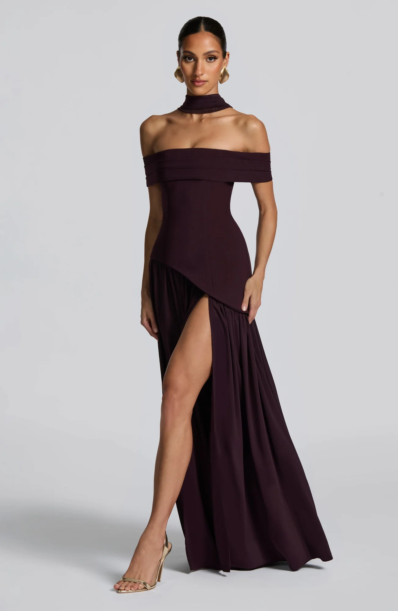Plum Bardot Maxi Dress with Chiffon Skirt