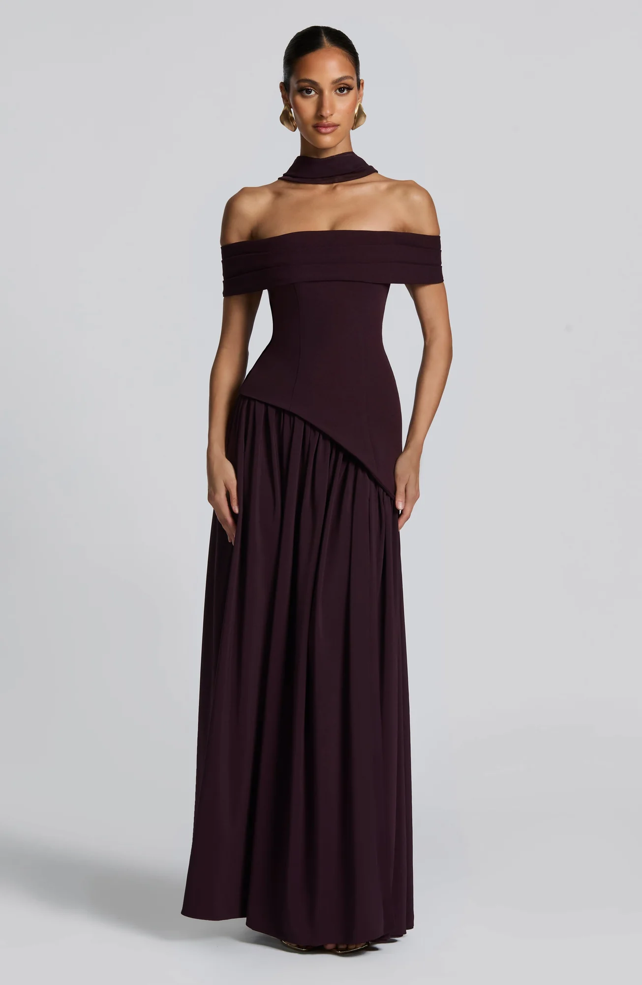 Plum Bardot Maxi Dress with Chiffon Skirt