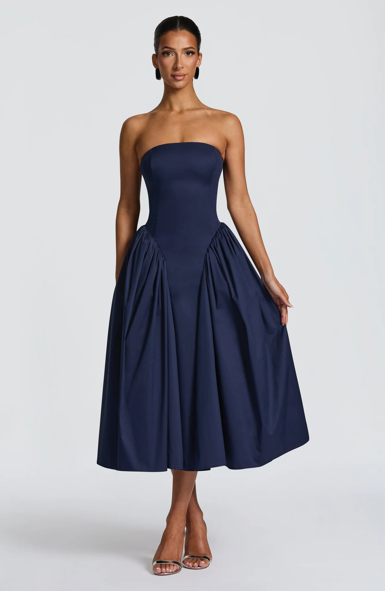 Navy Strapless Corseted Midi Dress with Tulle Skirt