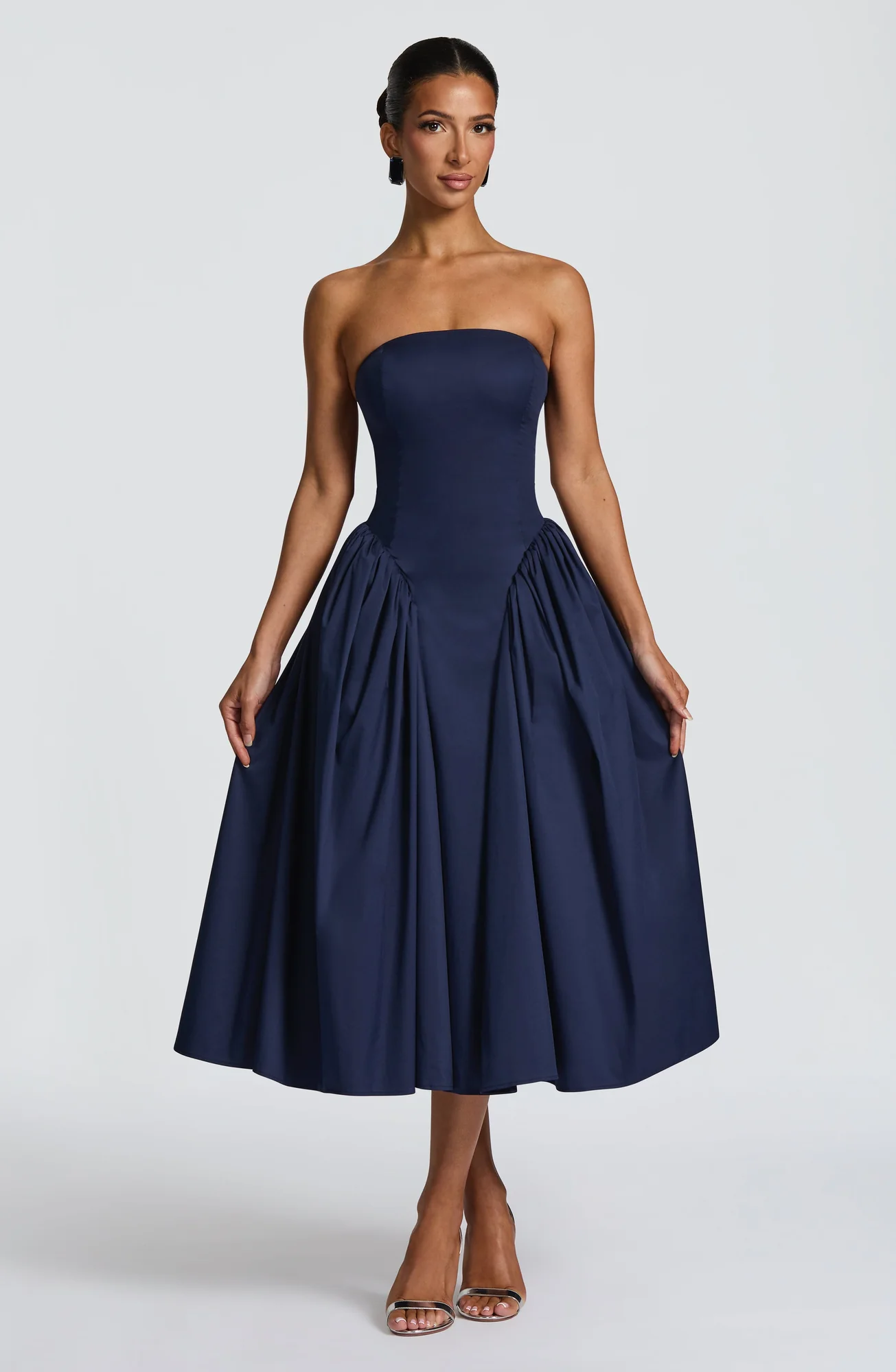 Navy Strapless Corseted Midi Dress with Tulle Skirt
