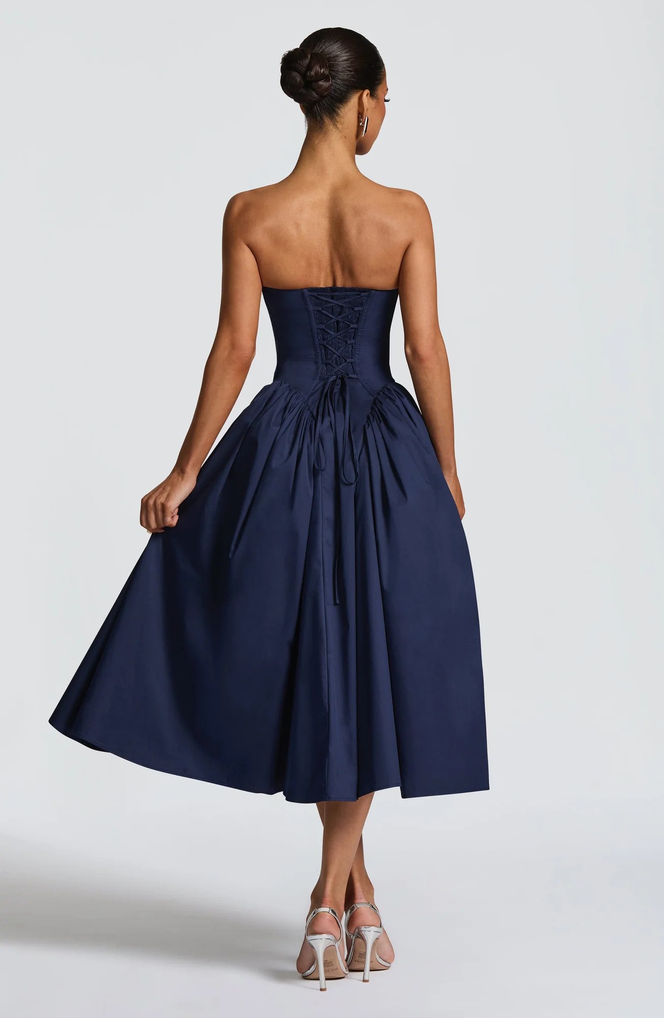 Navy Strapless Corseted Midi Dress with Tulle Skirt