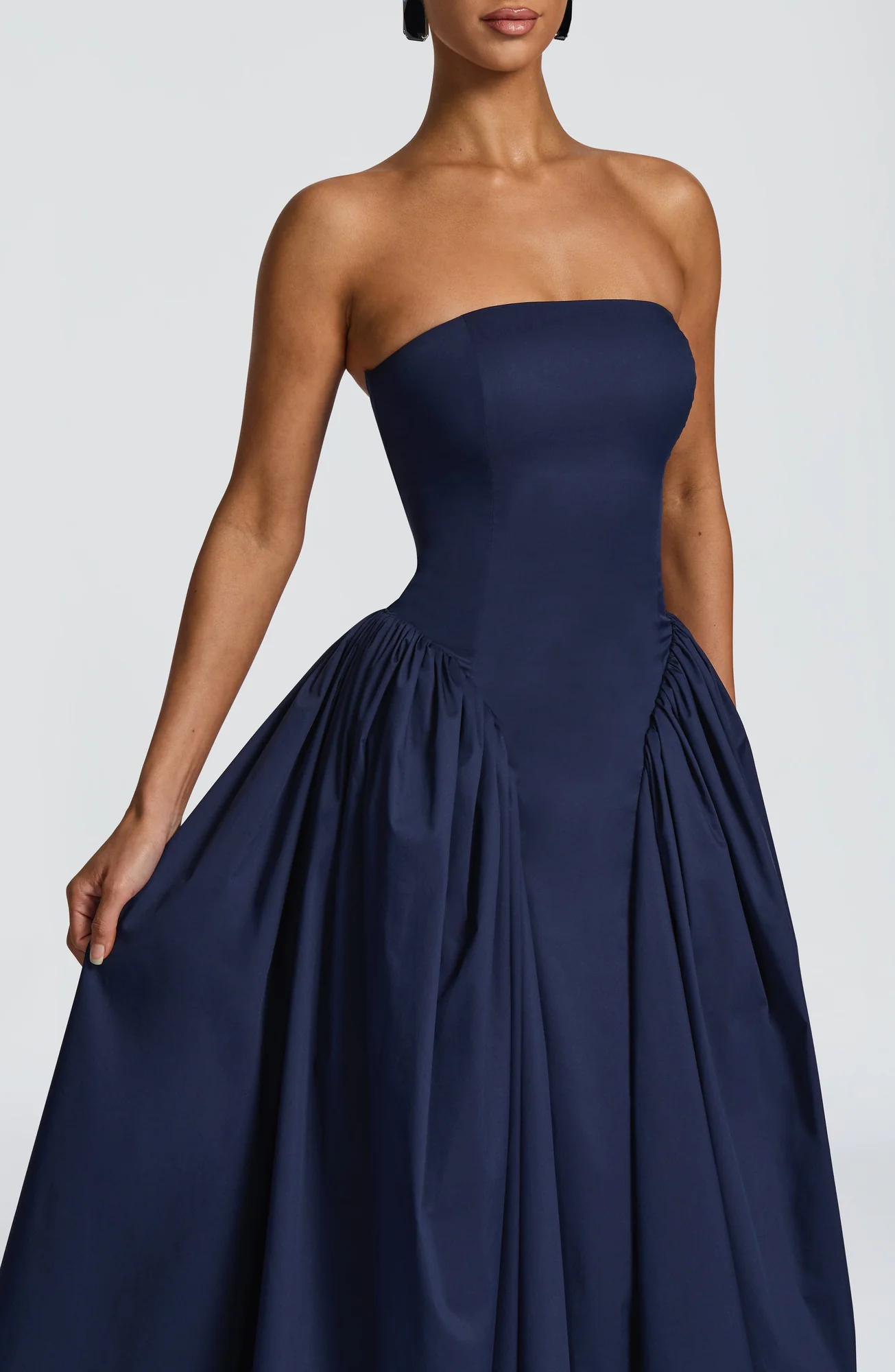 Navy Strapless Corseted Midi Dress with Tulle Skirt