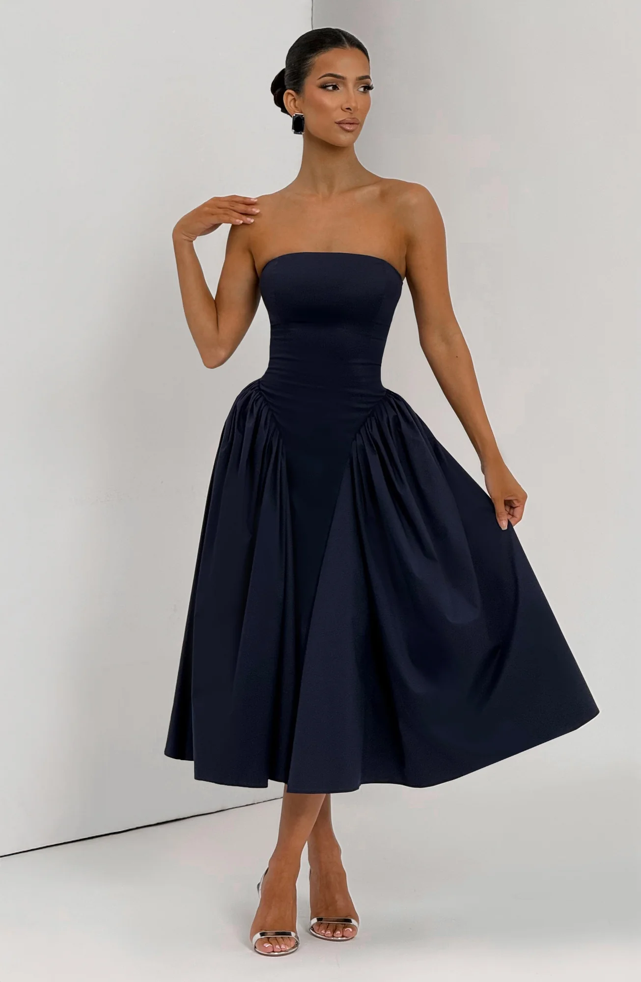 Navy Strapless Corseted Midi Dress with Tulle Skirt