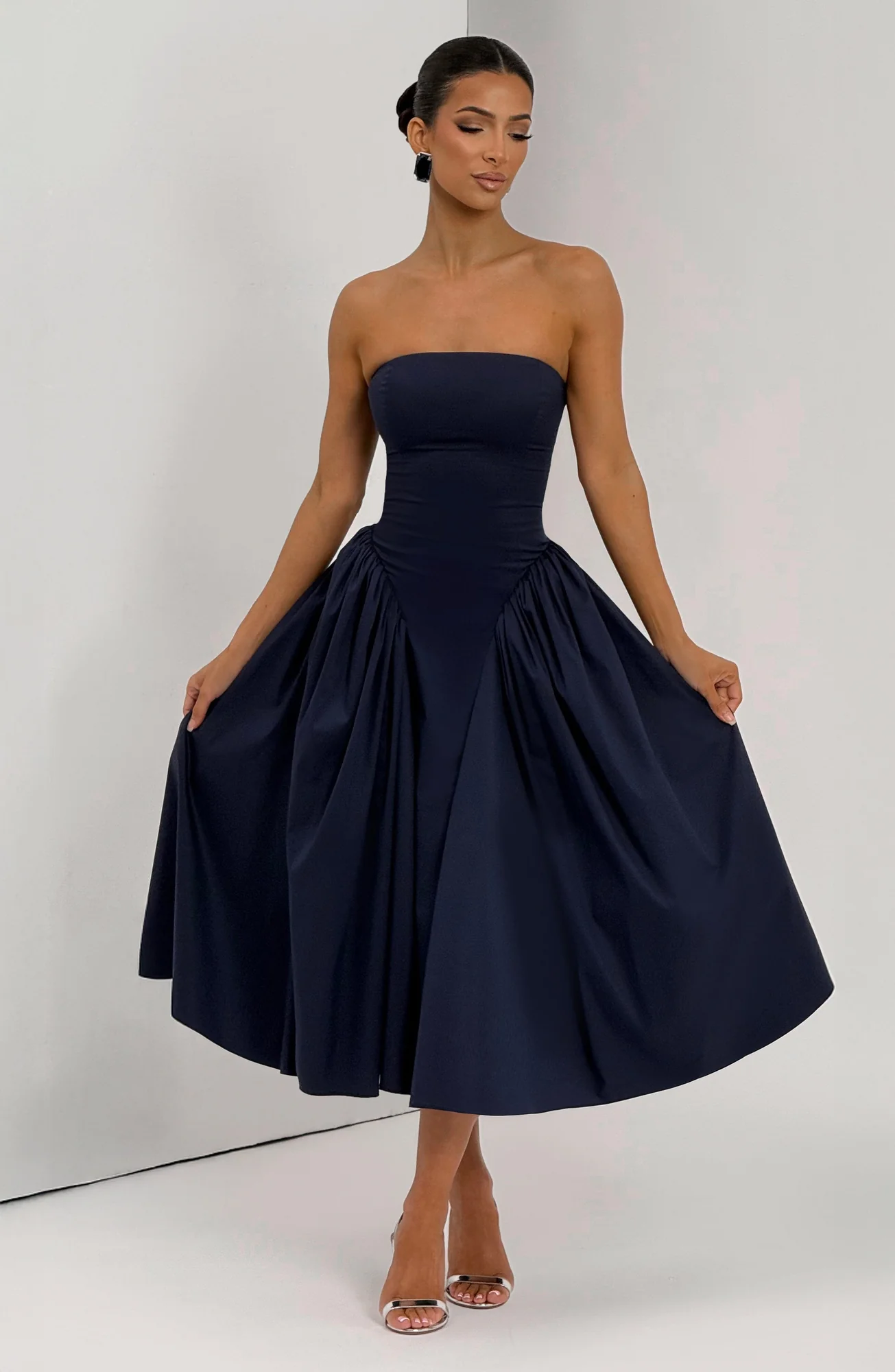 Navy Strapless Corseted Midi Dress with Tulle Skirt