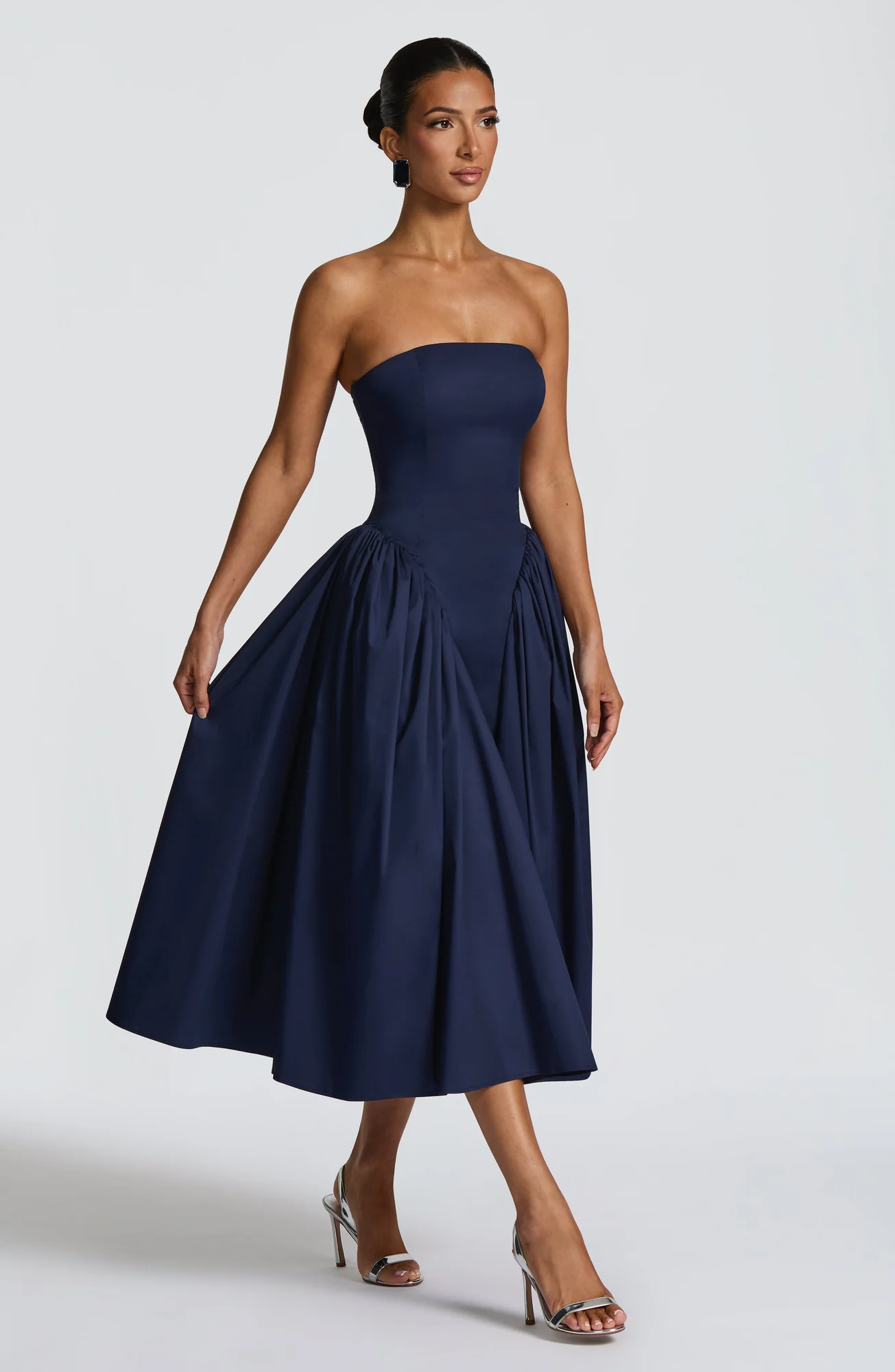 Navy Strapless Corseted Midi Dress with Tulle Skirt