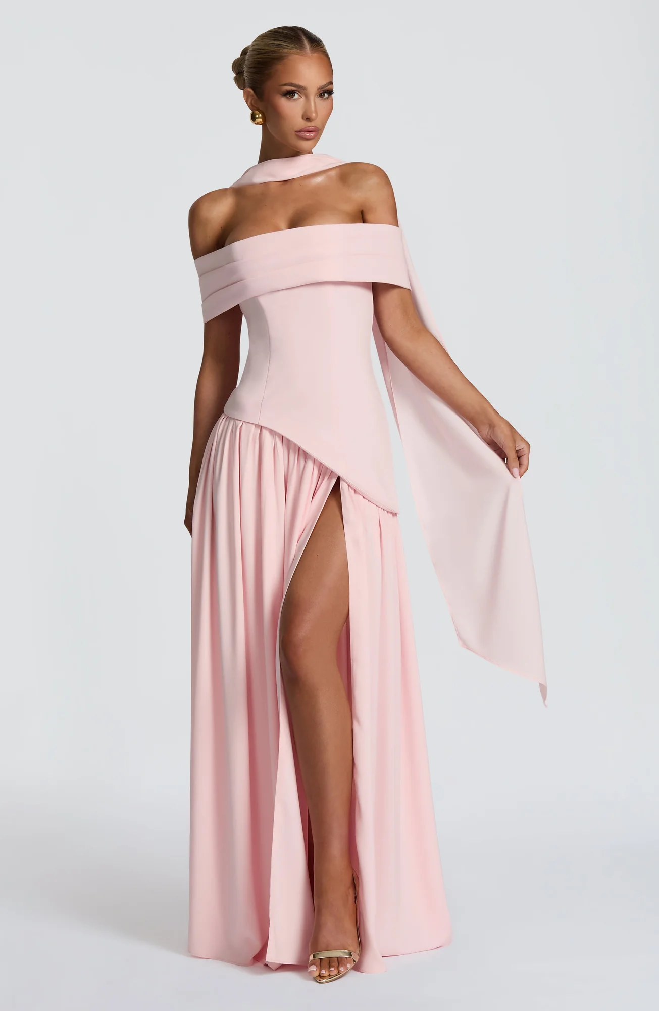 Blush Crepe Maxi Dress with Bardot Neckline & Thigh Split