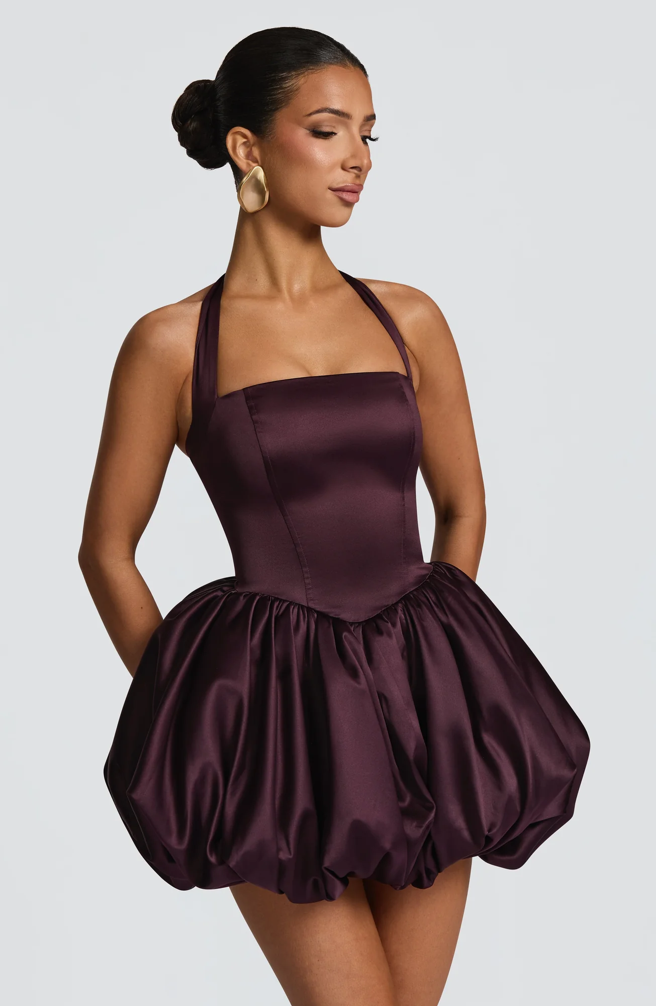 Plum Satin Halter Neck Mini Dress with Puffball Skirt