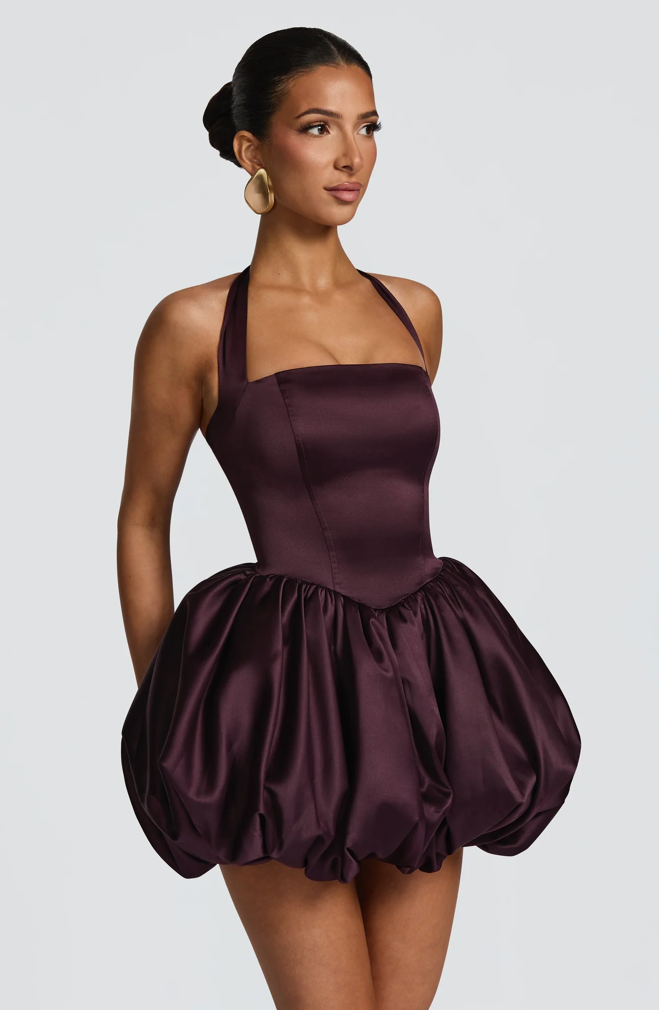 Plum Satin Halter Neck Mini Dress with Puffball Skirt