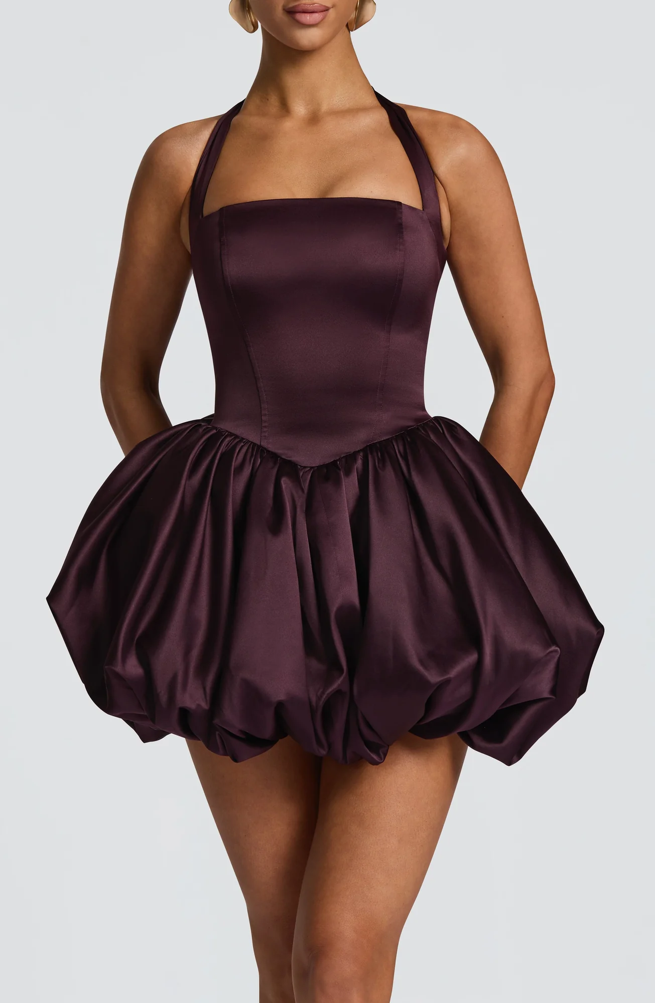 Plum Satin Halter Neck Mini Dress with Puffball Skirt