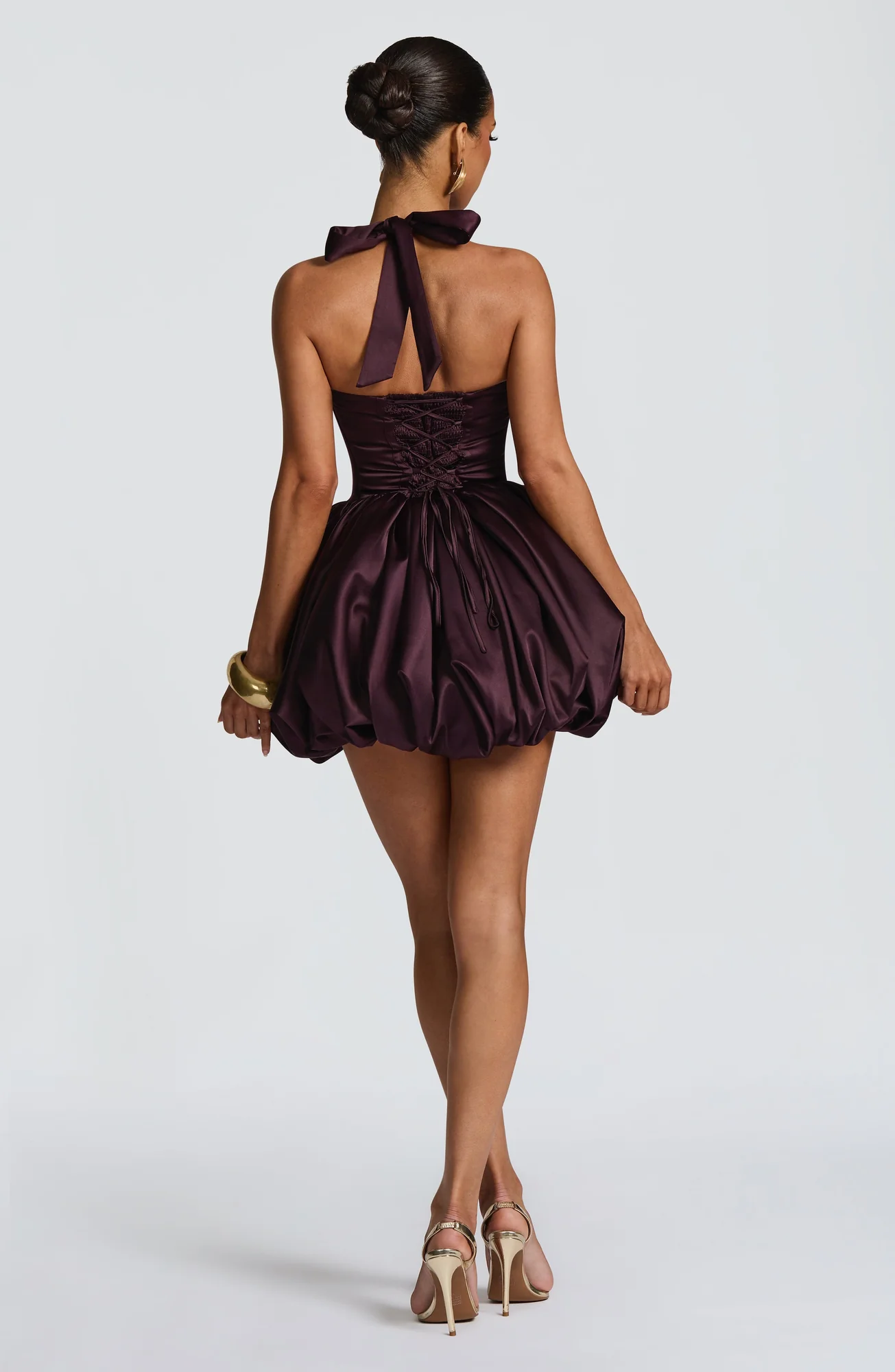 Plum Satin Halter Neck Mini Dress with Puffball Skirt