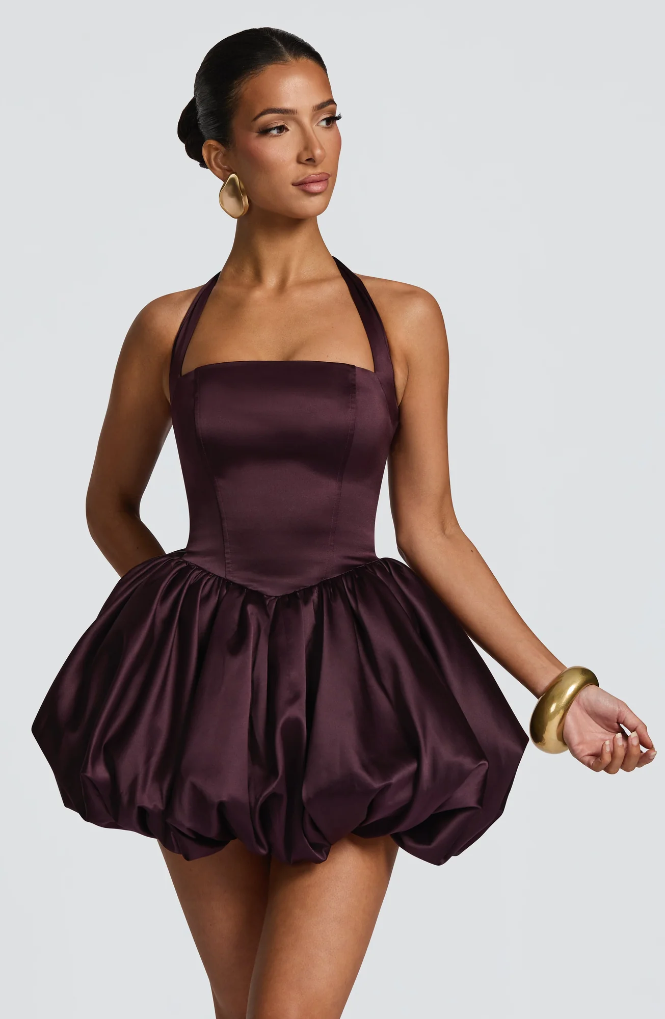 Plum Satin Halter Neck Mini Dress with Puffball Skirt