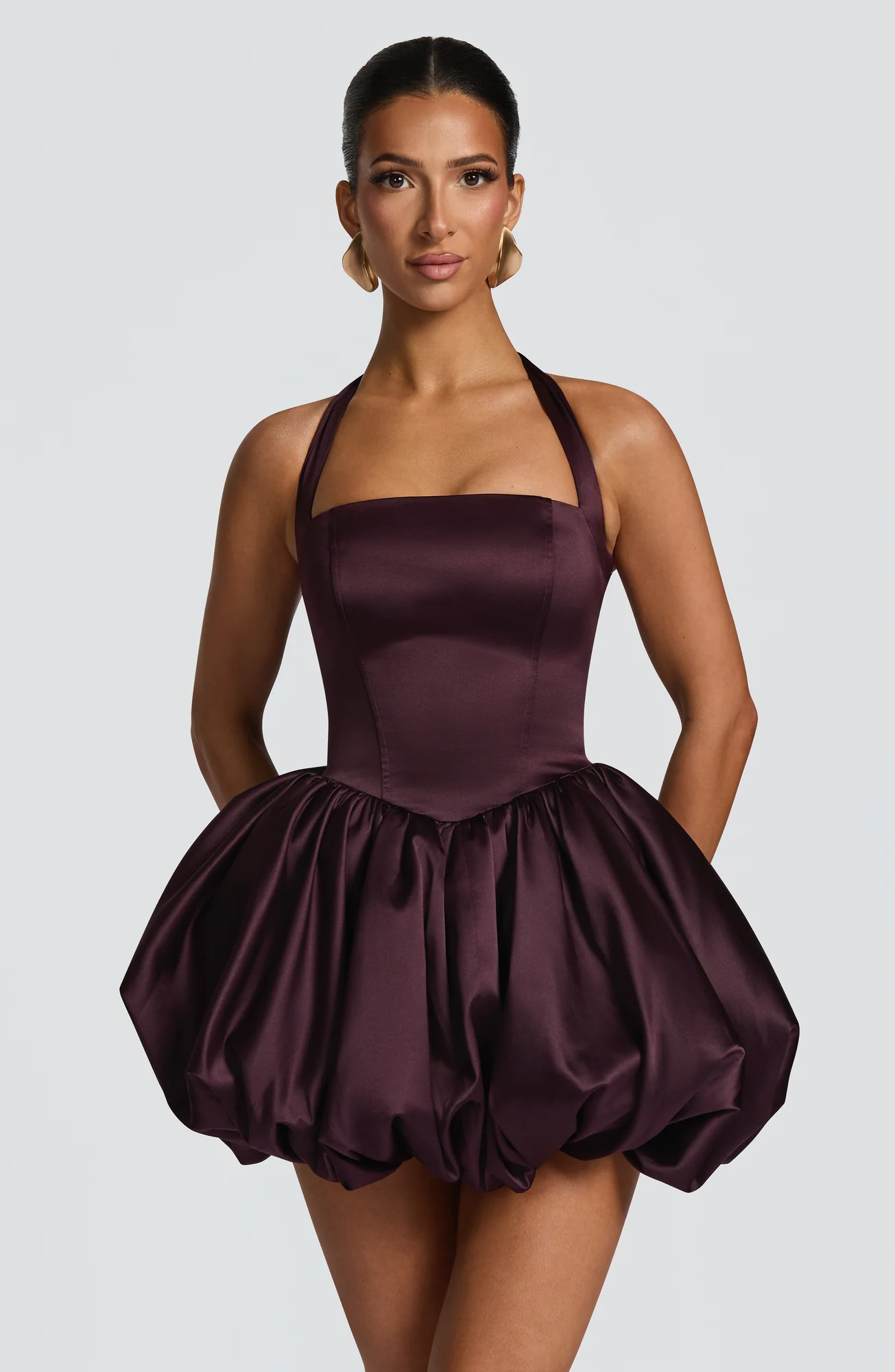 Plum Satin Halter Neck Mini Dress with Puffball Skirt