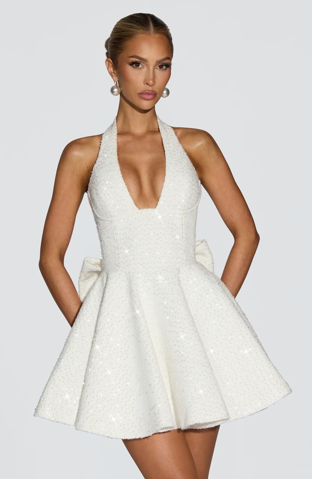 Ivory Sequin Tweed Halter Mini Dress with Detachable Bow