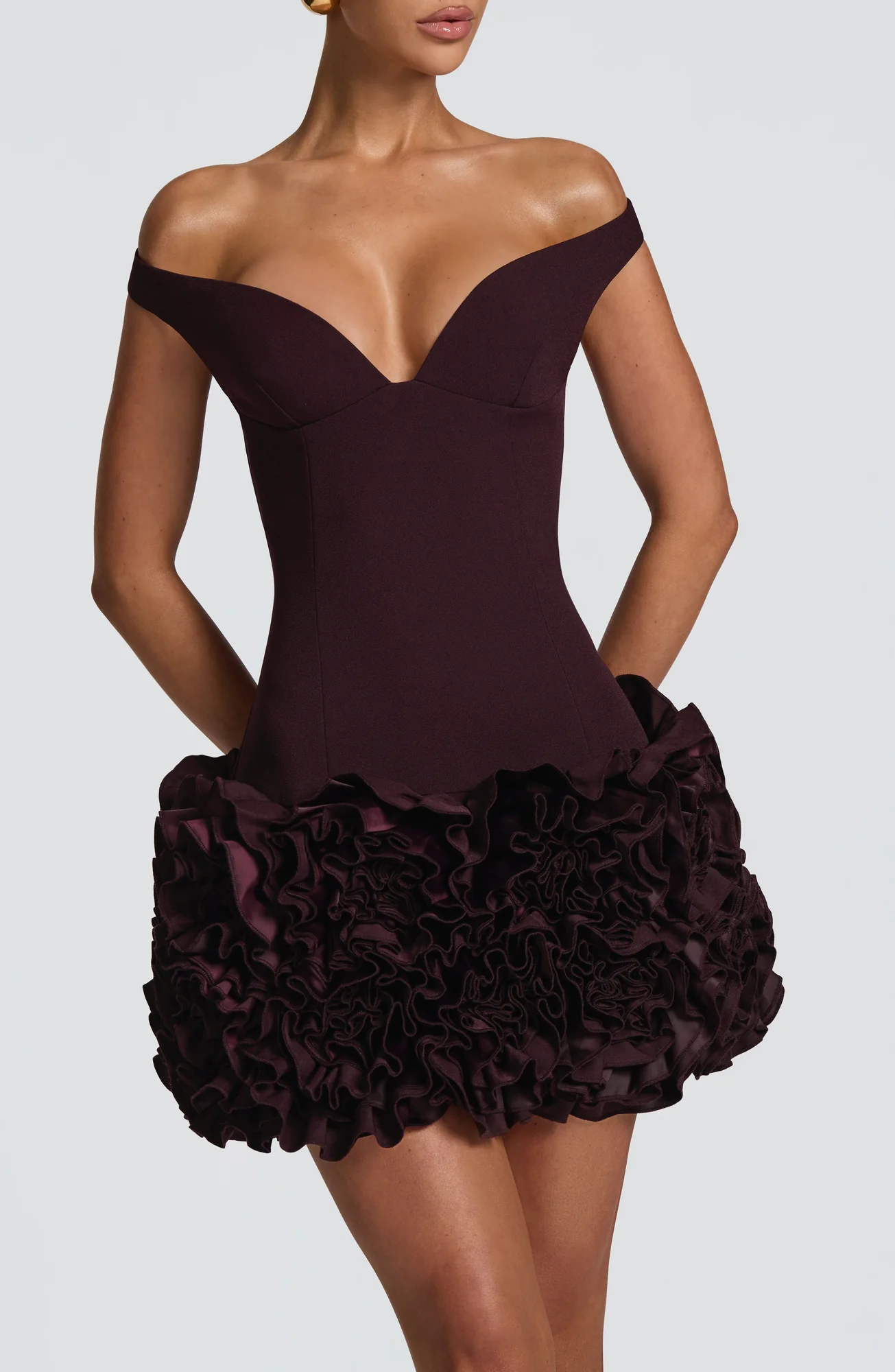 Plum Mini Dress - Elegant Body-Hugging Bardot Neckline Design