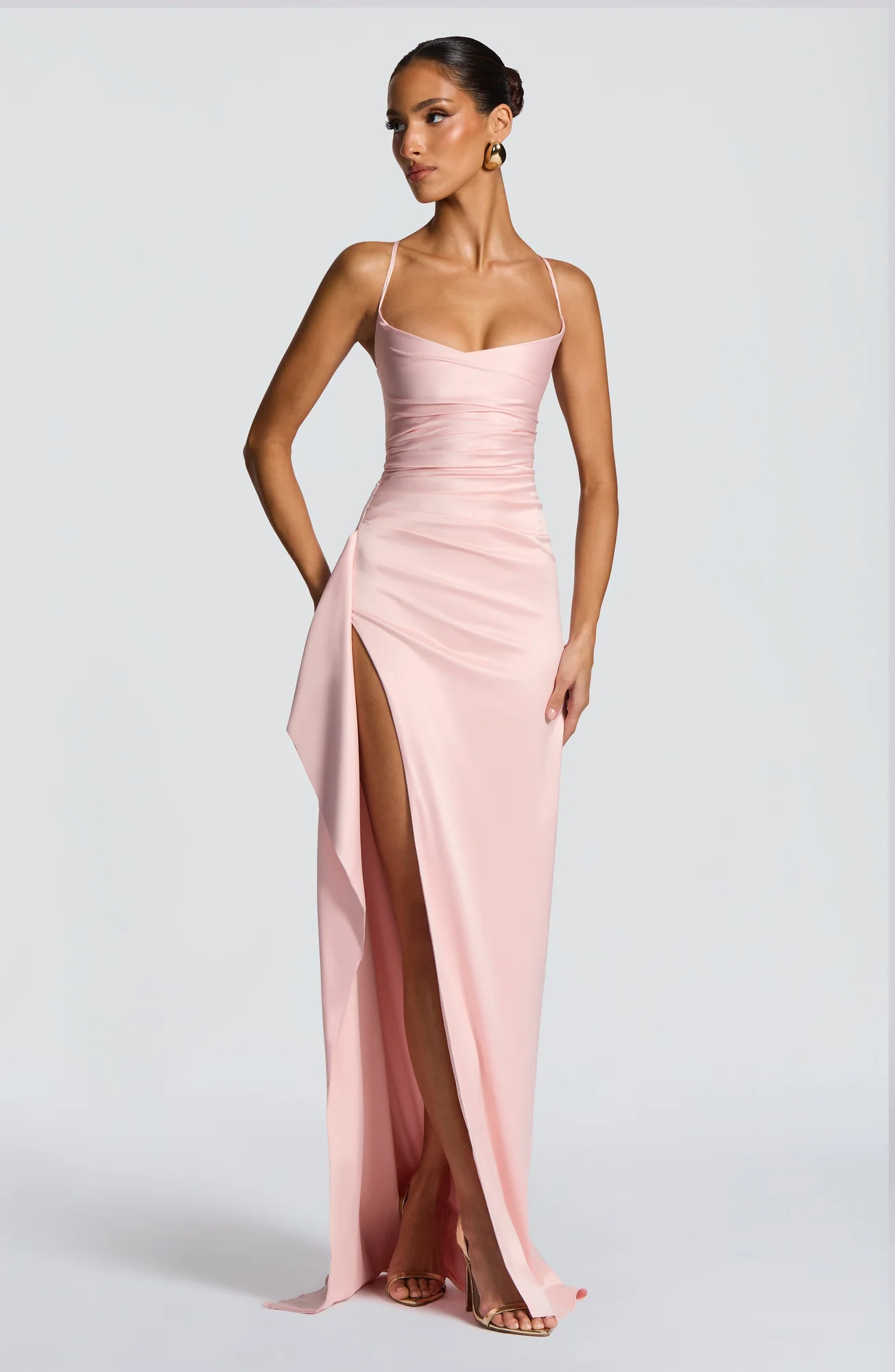 Blush Satin Cowl Neck Maxi Dress with Thigh Split