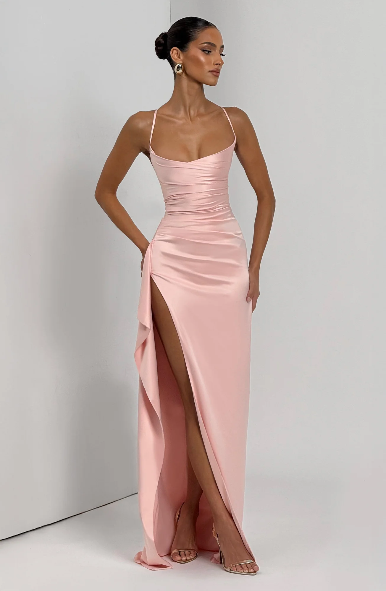 Blush Satin Cowl Neck Maxi Dress with Thigh Split