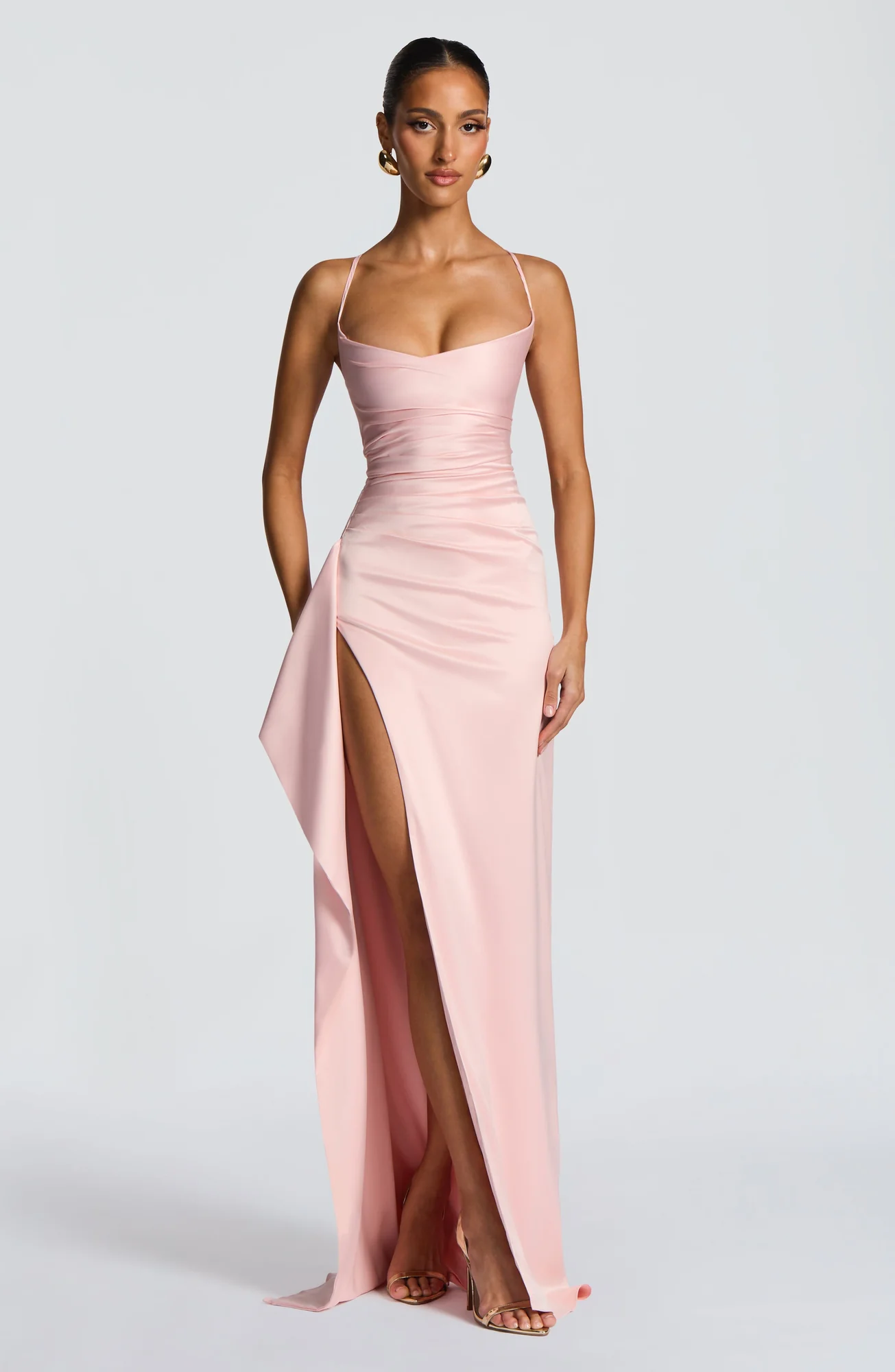 Blush Satin Cowl Neck Maxi Dress with Thigh Split