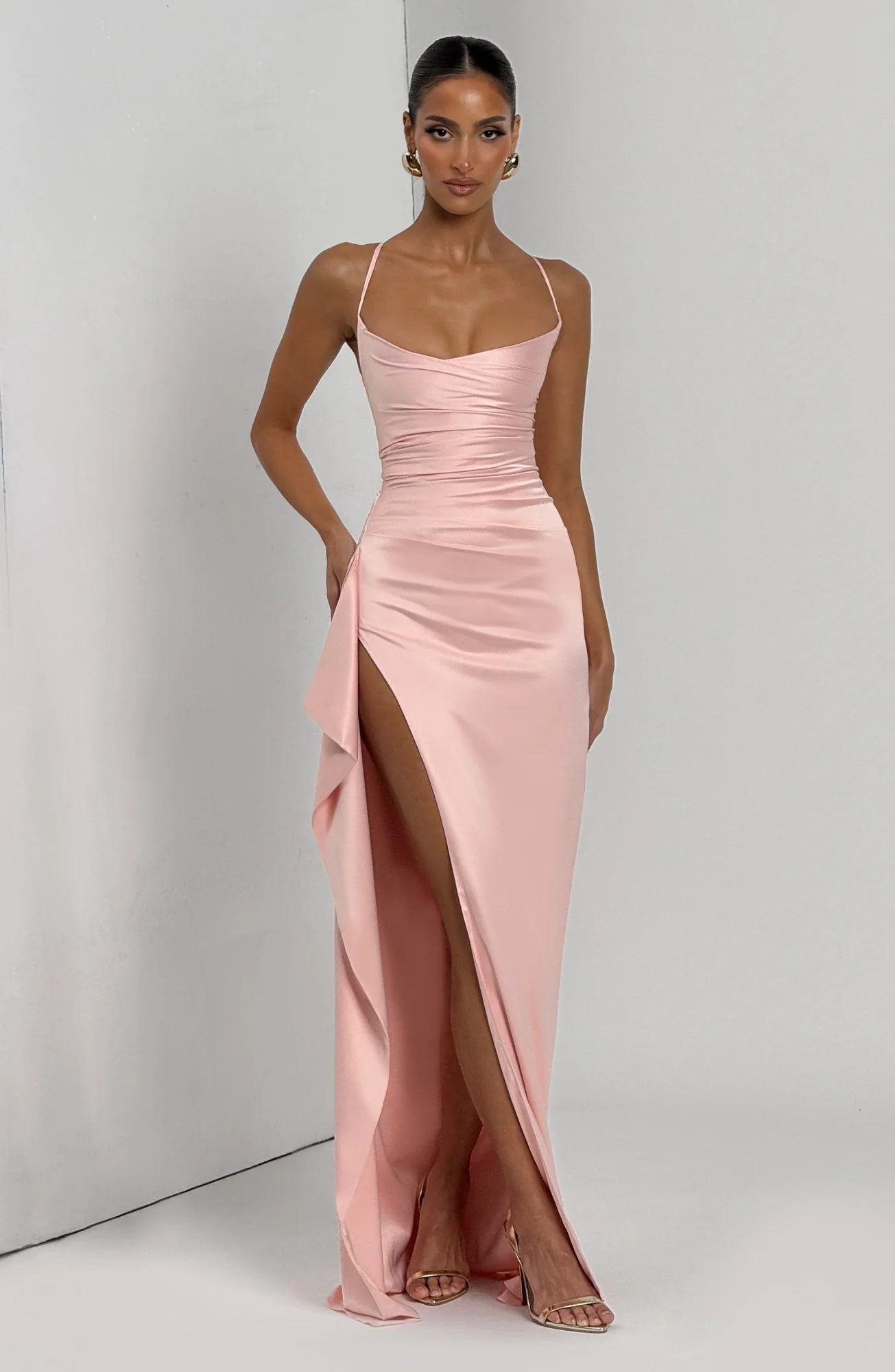 Blush Satin Cowl Neck Maxi Dress with Thigh Split