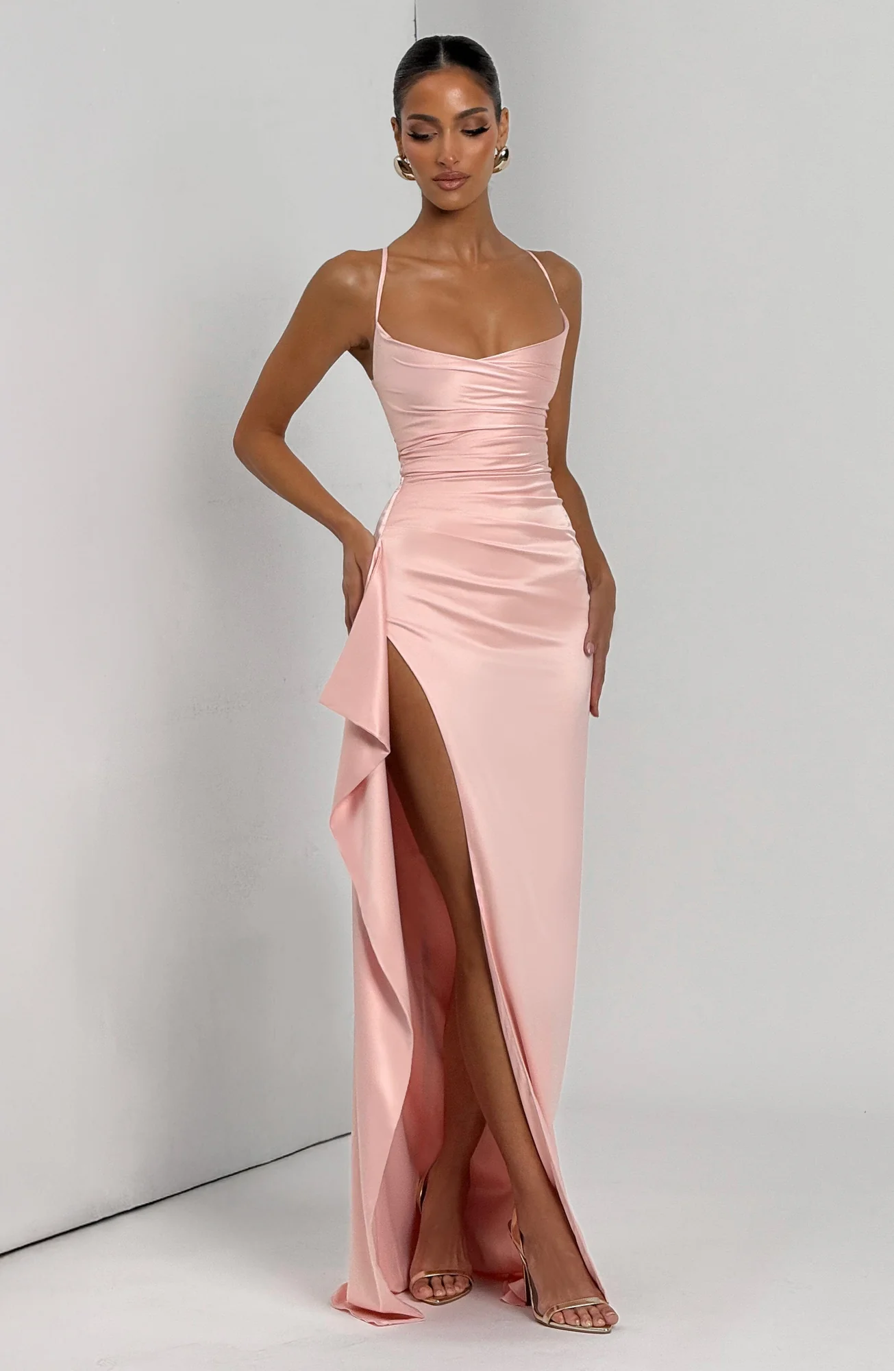 Blush Satin Cowl Neck Maxi Dress with Thigh Split
