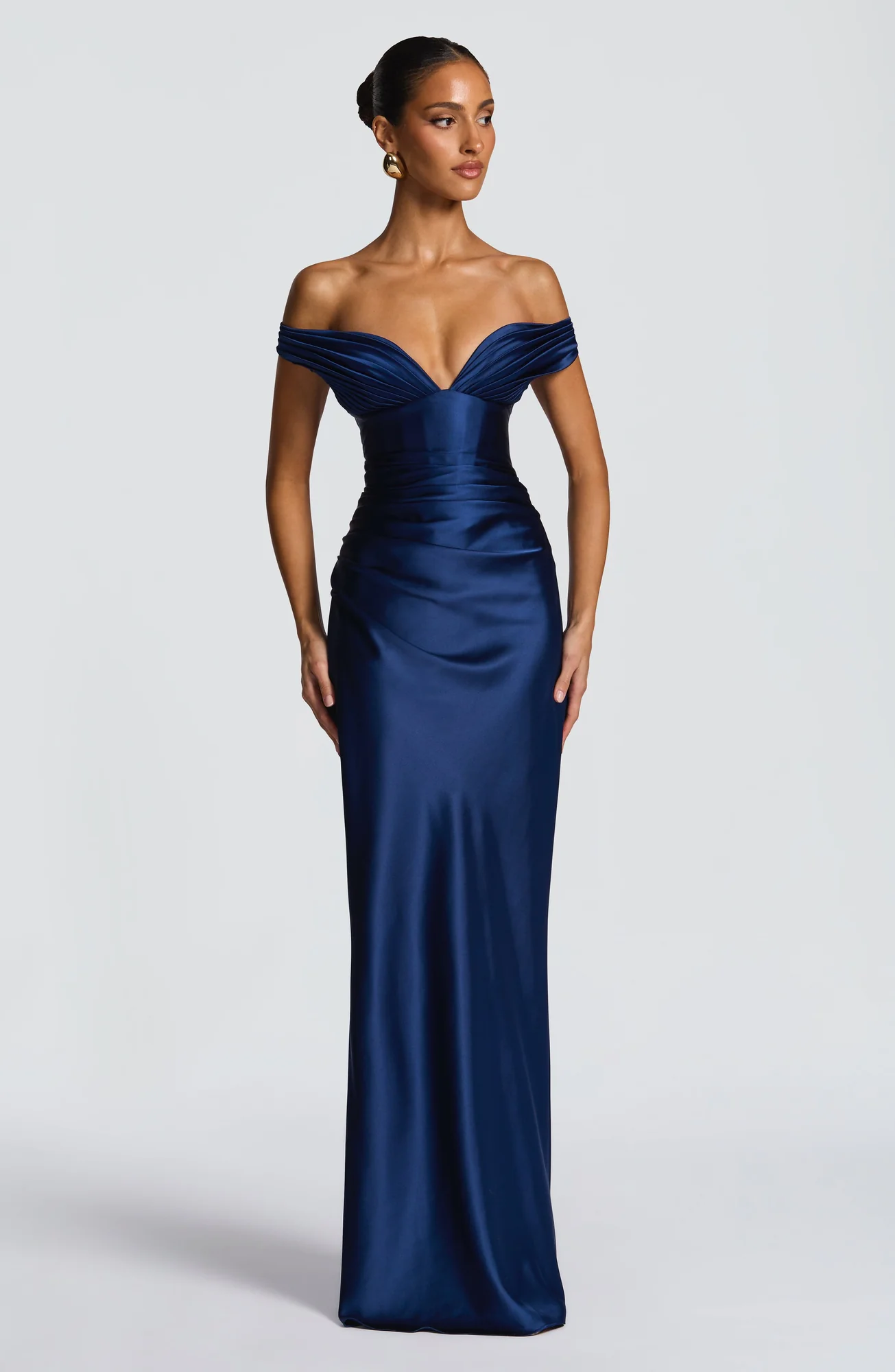 Navy Satin Asymmetric Bardot Maxi Dress - Elegant Style