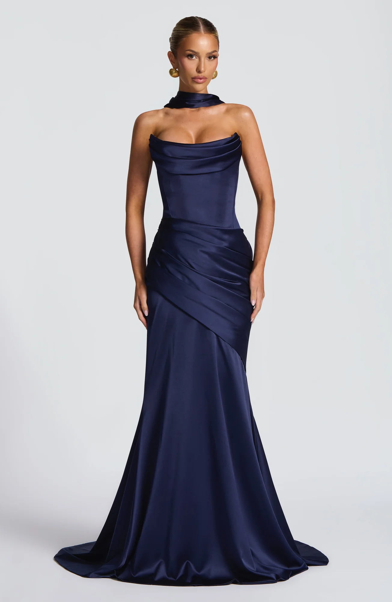 Navy Strapless Maxi Dress with Draped Panel and Train