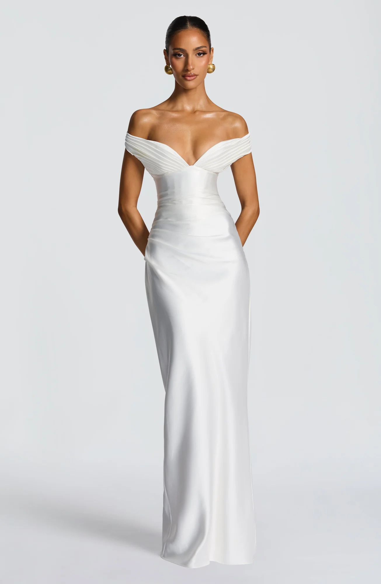 Elegant Ivory Maxi Dress with Plunge Bardot Neckline